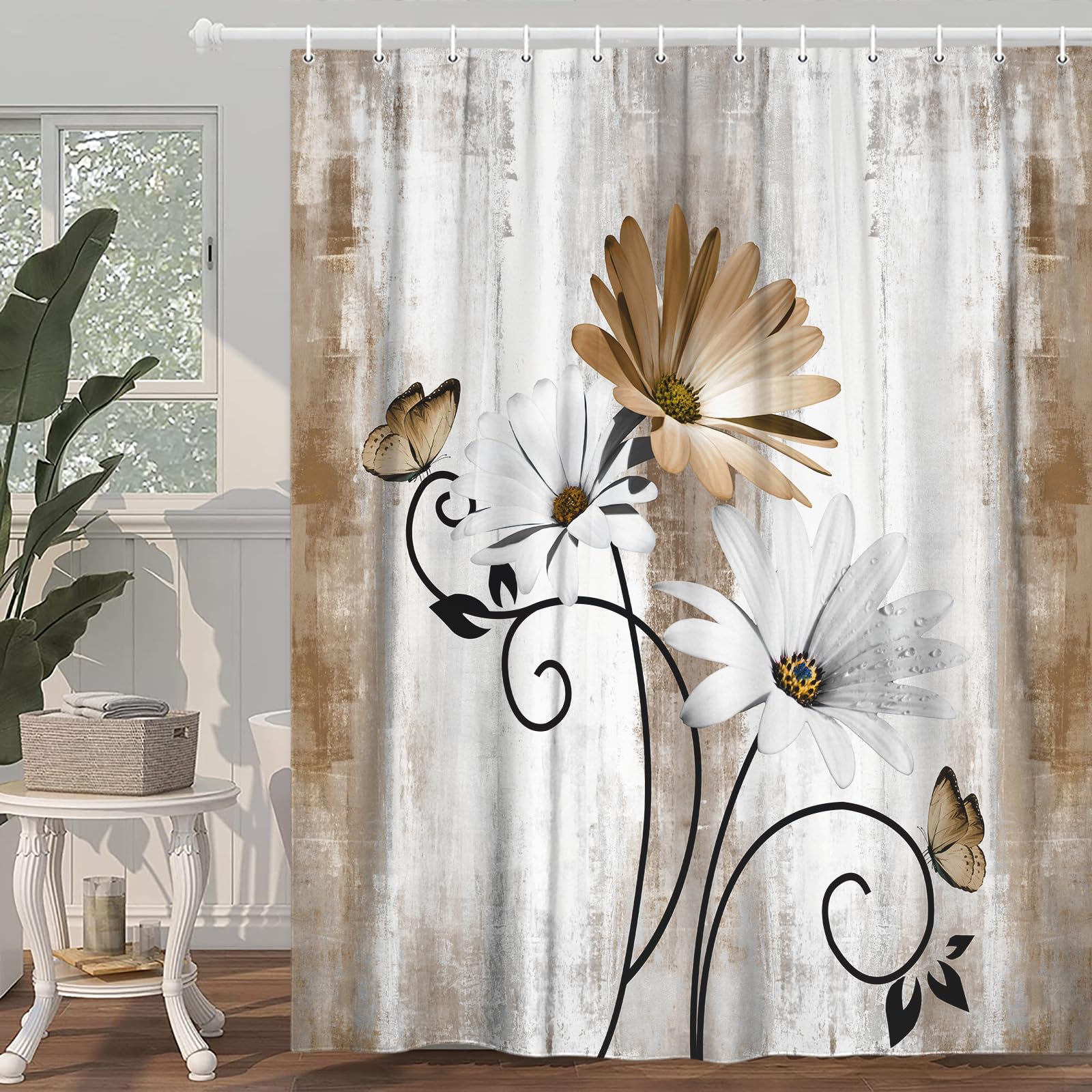 Veivian Rustic Farmhouse Shower Curtain, Farm Tan Cream Daisy Floral Flowers And Butterfly On Country Wooden Shower Curtain For