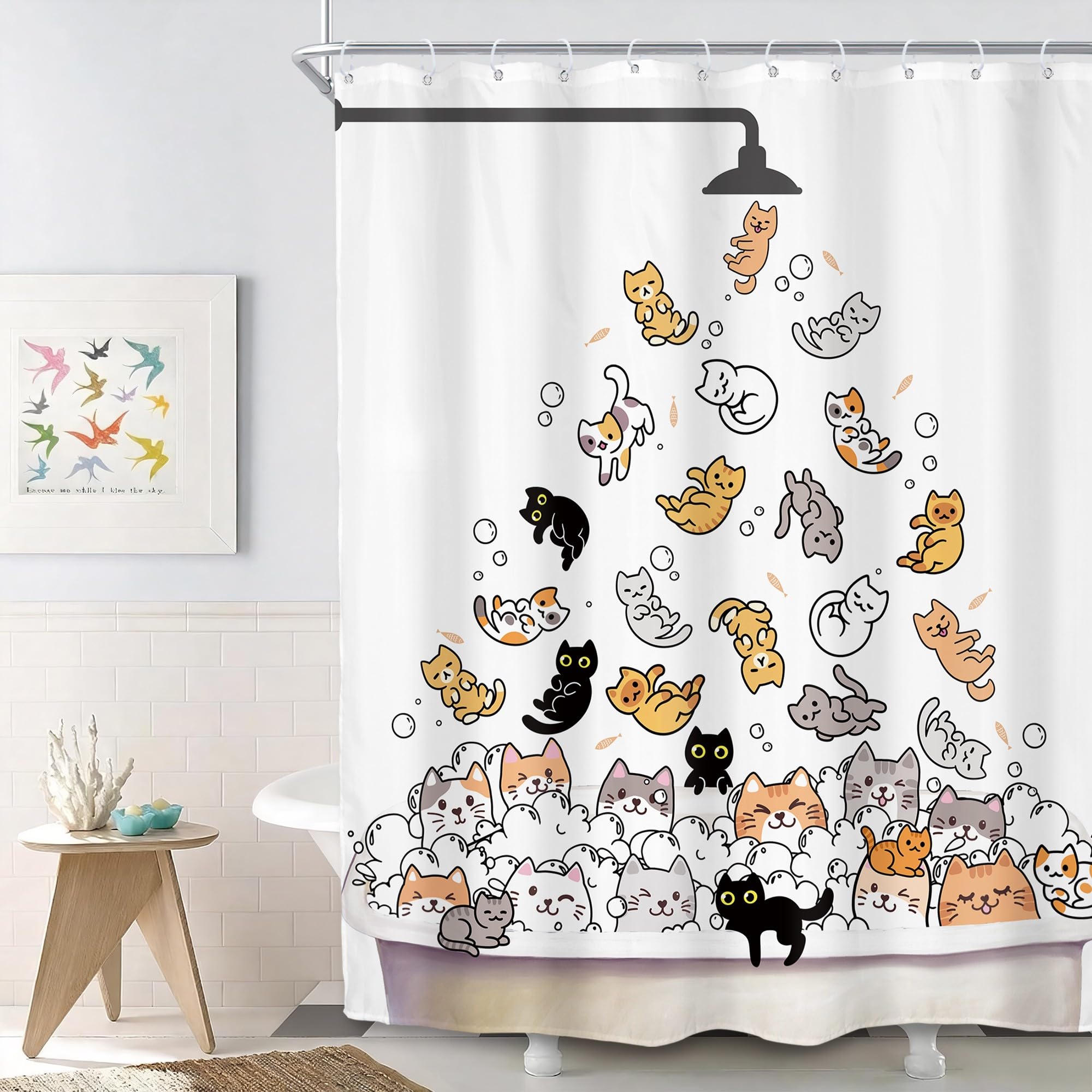 Svbright Japanese Cat Shower Curtain 72Wx72L Inch Kids Cute Funny Vintage Animal In Bathtub Cartoon Floral Green Leaves Plant 12