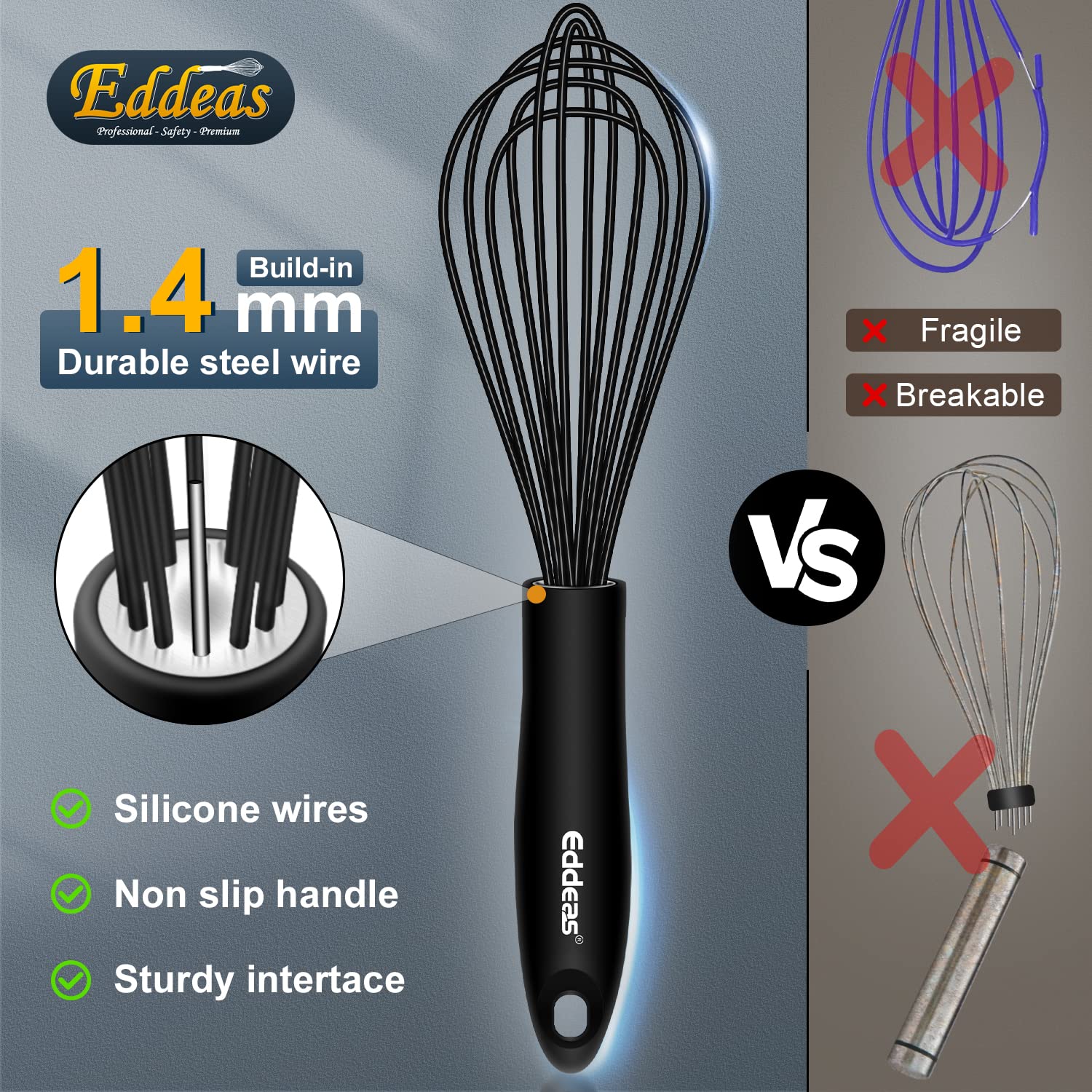 Silicone Whisk, Eddeas Stainless Steel & Silicone Non-Stick Coated Whisks Set Of 3-Heat Resistant Kitchen Whisks, Balloon Egg Be