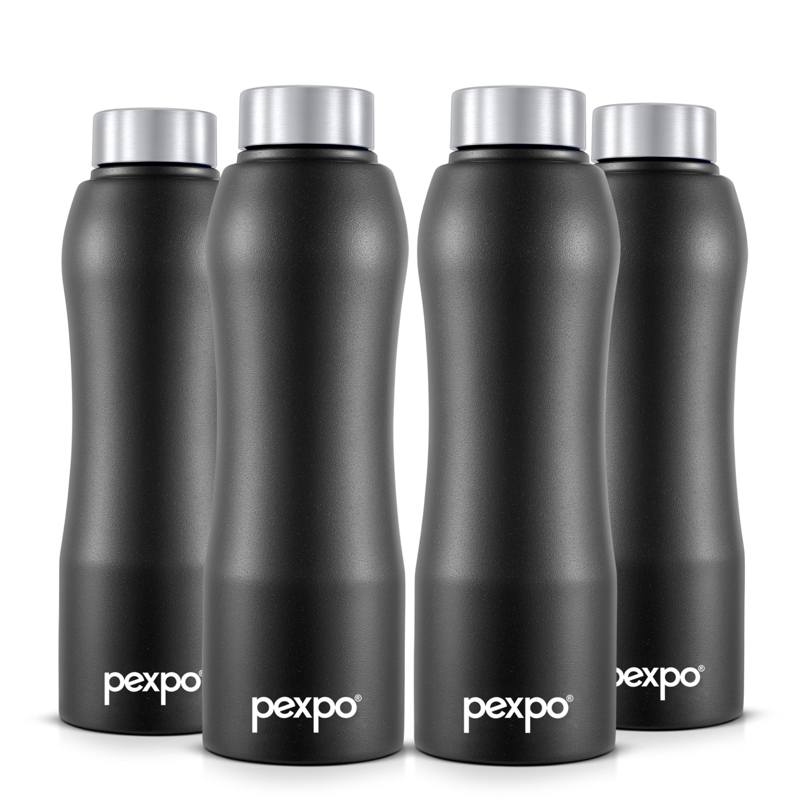 Pexpo Bistro Isi Certified Stainless Steel Fridge/Sports Water Bottle 750Ml, Knight Black, Pack Of 4| Single Walled|Easy Grip|Le