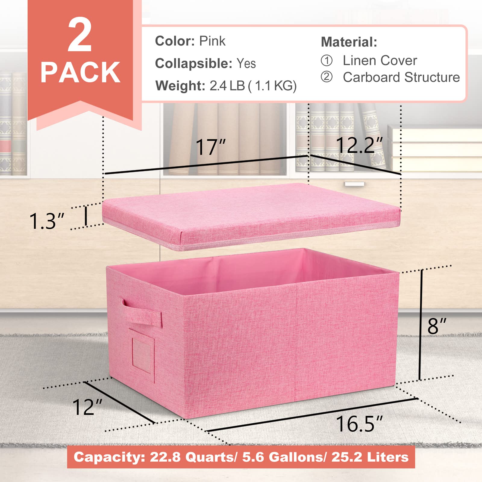 Graciadeco 22.8Qt Closet Storage Boxes With Lids Pink Folding Keepsake Storage Bins Stackable Flat Lidded Carboard Storage Conta