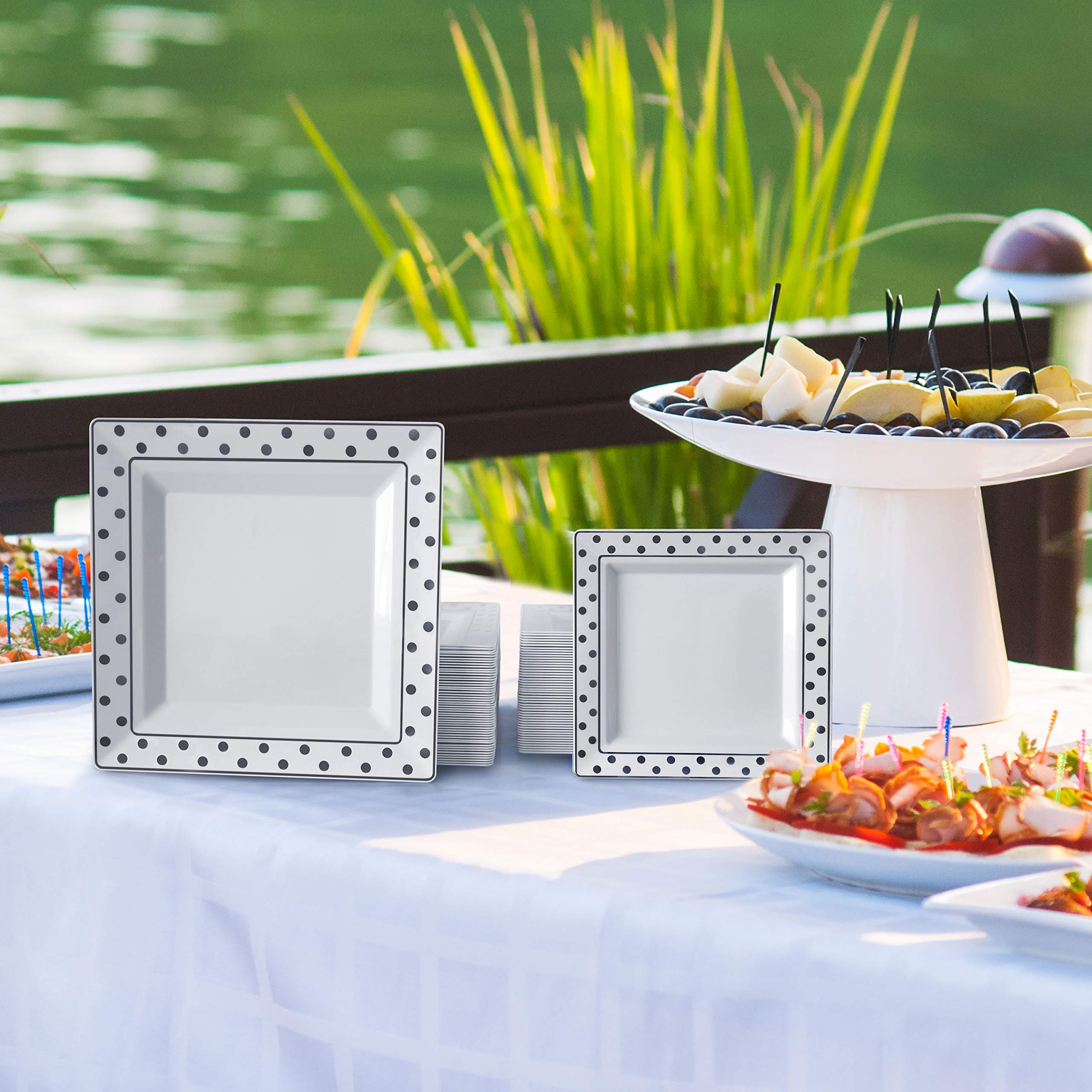 Oasis Creations White Square Plates with Silver Polka Dots on Rim 10'' - 50 count - Premium Hard White Plastic -Disposable and Reusable-Salad Plate -Appetizer Plate -Dinner Plate -Party Plate Set