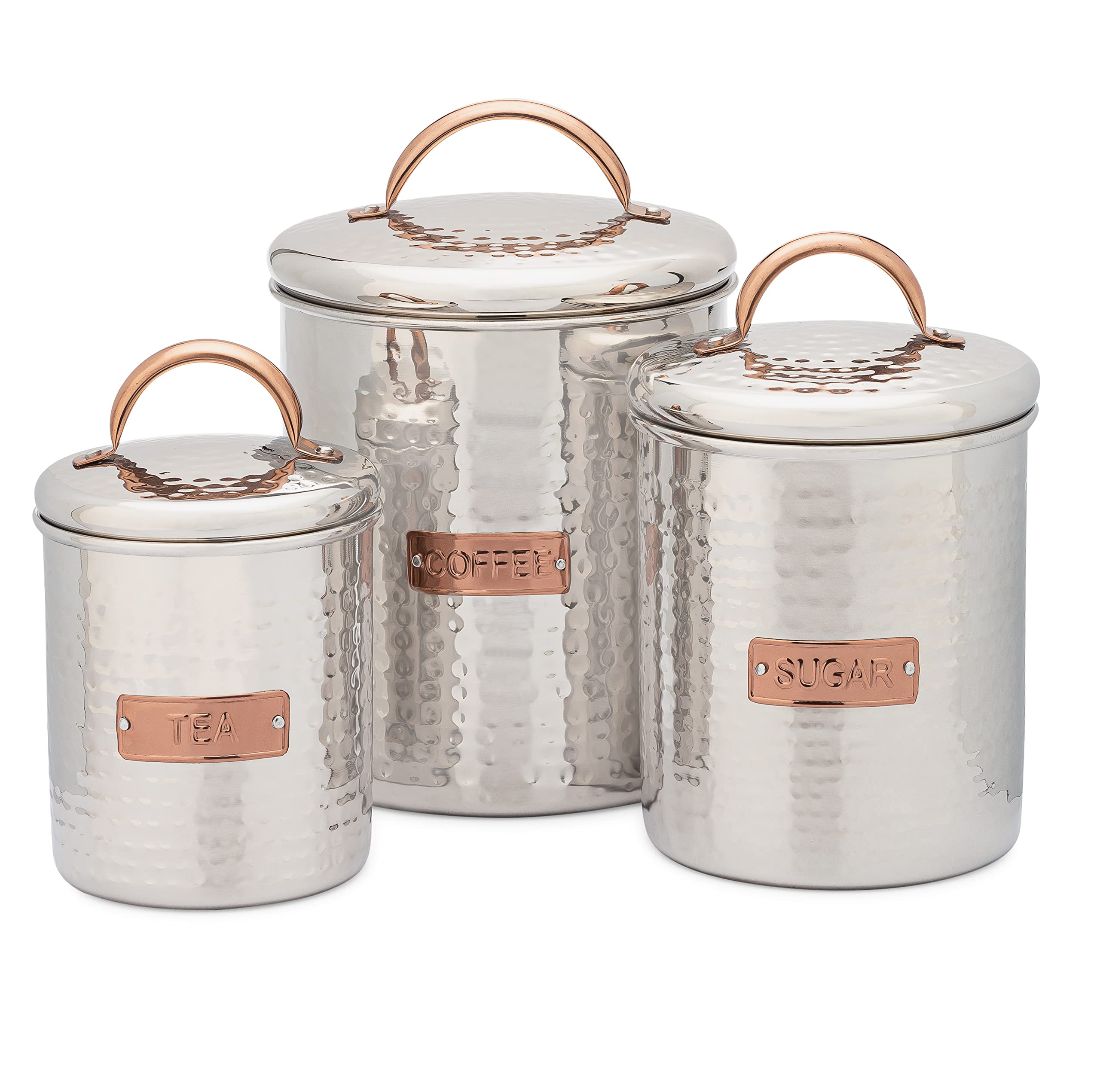 Old Dutch International 3 Pc Stainless Steel W/Copper Finish Handle & Badge, Tea, Coffee, Sugar Canister Set, Silver/Wood