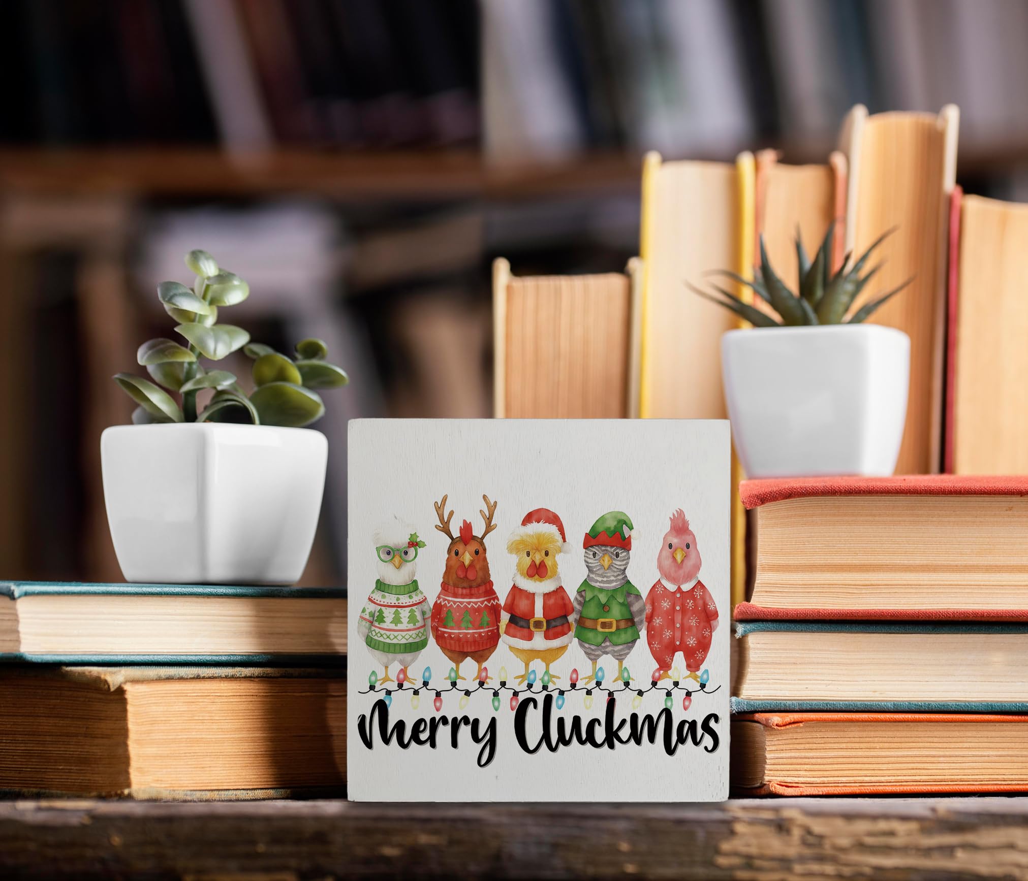 kunlisa Funny Christmas Chicken Wooden Sign, Farmhouse Christmas Decor, Chicken Lover Gifts, Xmas Hen Rooster Wood Box Sign for