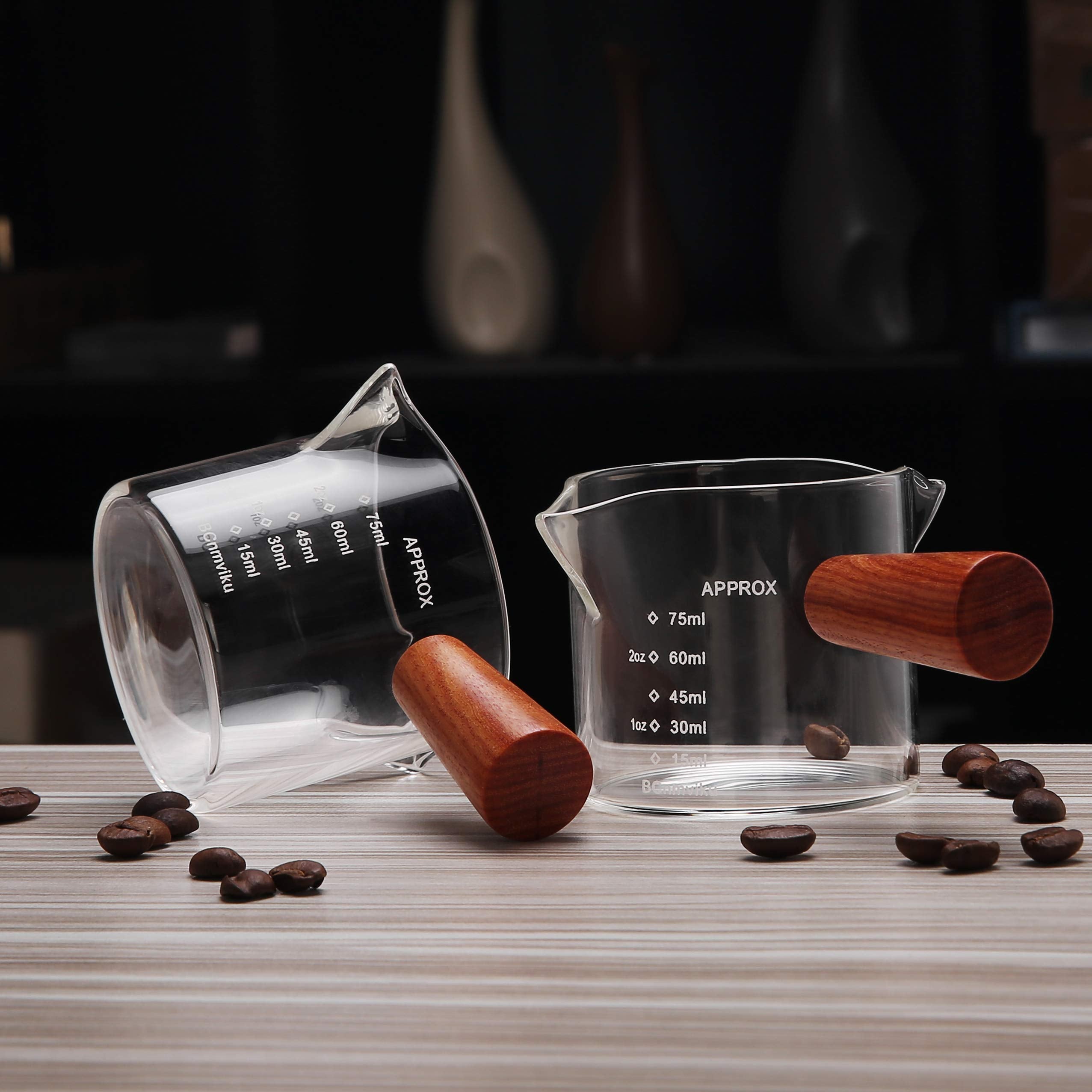 2 Pcs Double Spouts Measuring Triple Pitcher Milk Cup With Wood Handle 75Ml Espresso Shot Glasses Parts Clear Glass By Bcnmviku