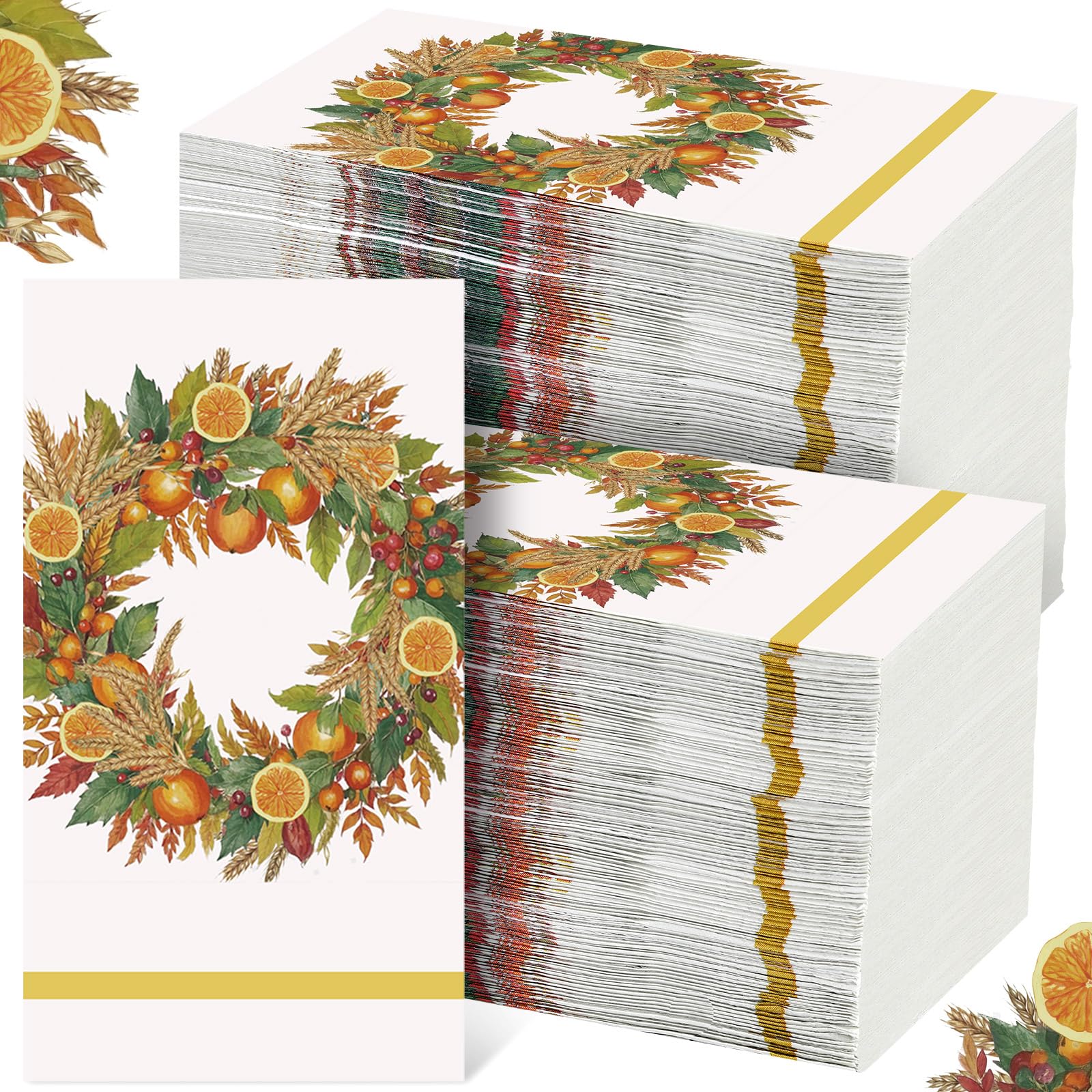 Epakh 200 Pcs Bulk Thanksgiving Wreath Guest Napkins 2 Ply Autumn Fall Harvest Disposable Paper Napkins Orange Fruit Leaf Dinner