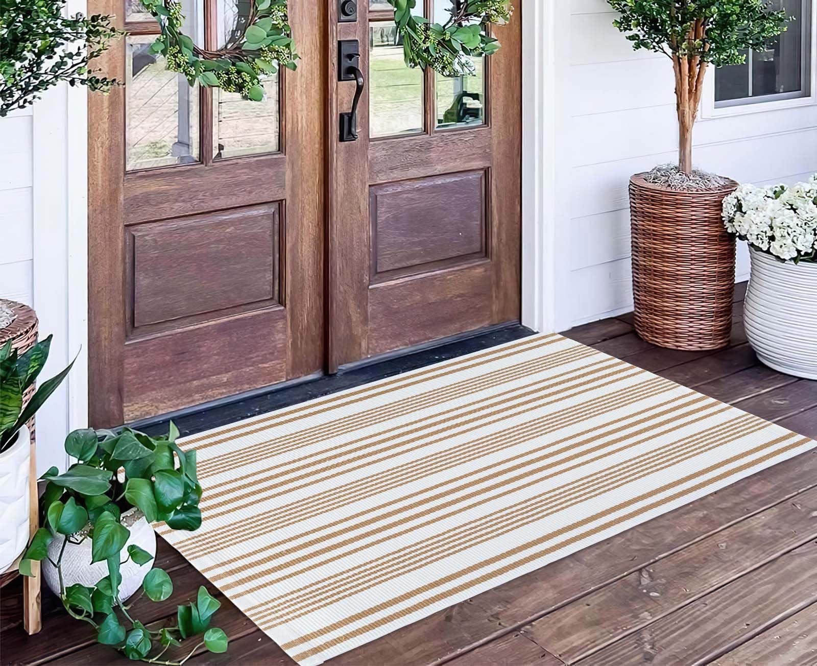 Khaki and White Striped Outdoor Rug 24 x 51Outdoor Front Porch Rug Hand-Woven Machine Washable Indoor/Outdoor Layered Door M