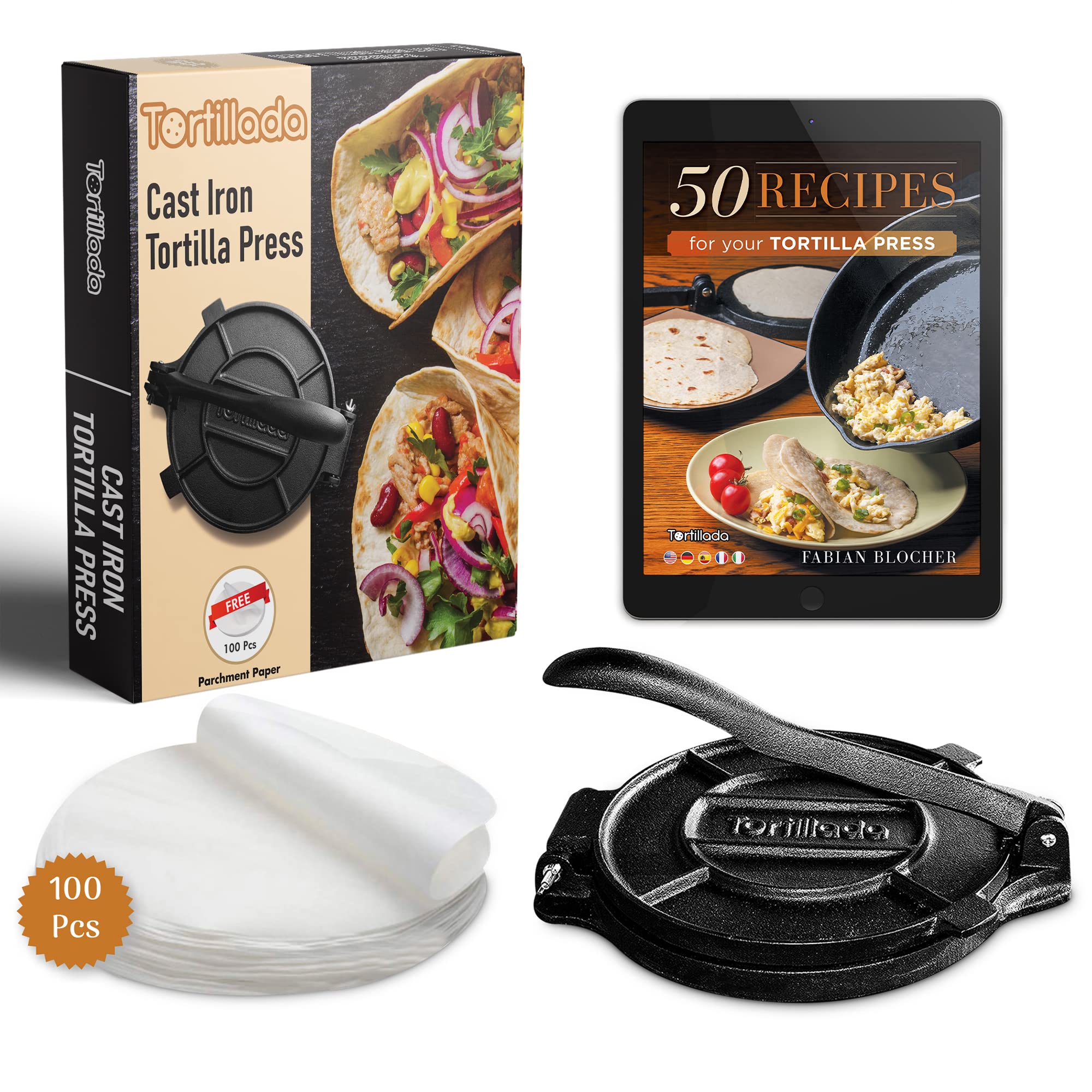 Tortillada - 10 Inch Tortilla Press + Parchment Paper (100 Pcs) - Pre-Seasoned Cast Iron With Recipes E-Book