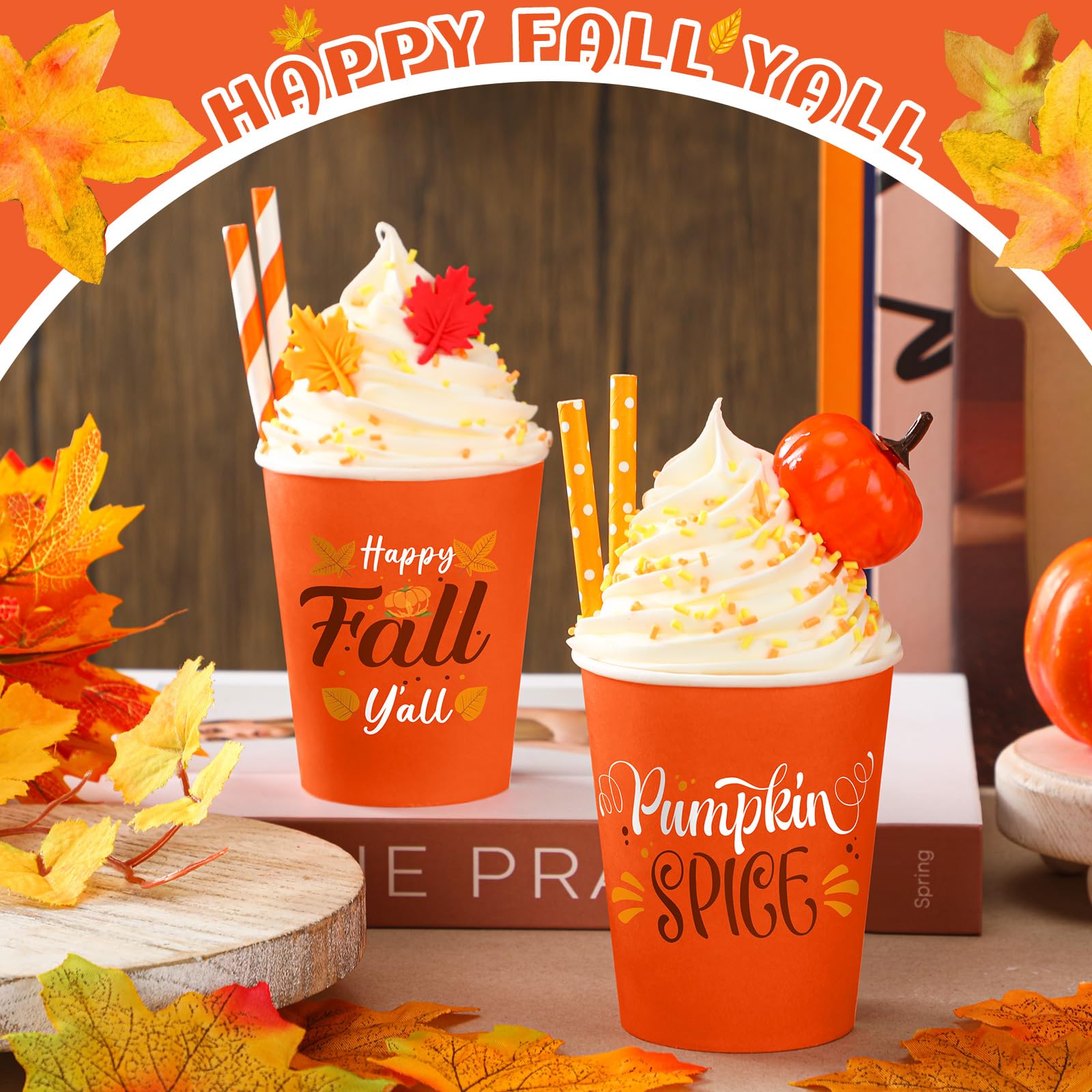 Yungyan 2 Pack Fall Tiered Tray Decor with Faux Whipped Cream Cups Fall Decoration Autumn Table Centerpiece Kitchen Decor Pumpki