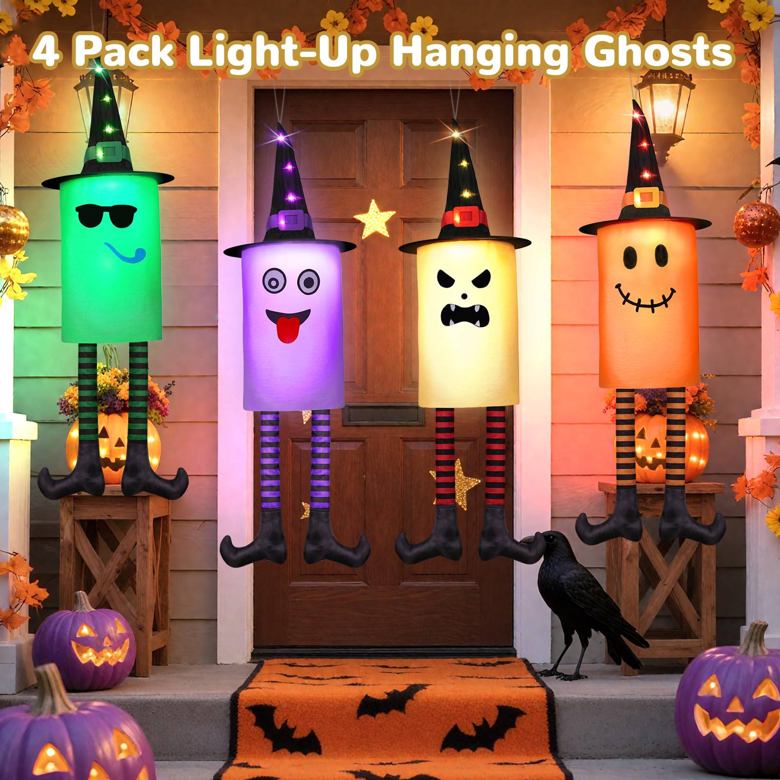 4 Pack Light Up Hanging Ghosts Halloween Decorations Outdoor, Glowing Ghosts with Witch Hats LED Halloween Ghost Lights for Yard
