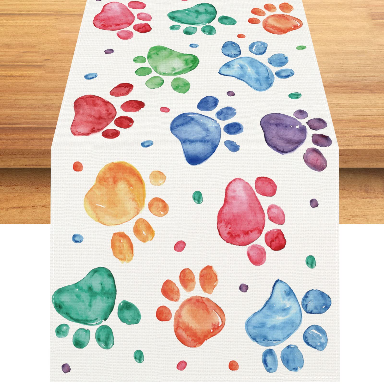 Linen Watercolor Colorful Paw Prints Table Runner Happy Birthday Tablecloth Holiday Party Decorations And Supplies For Home Kitc