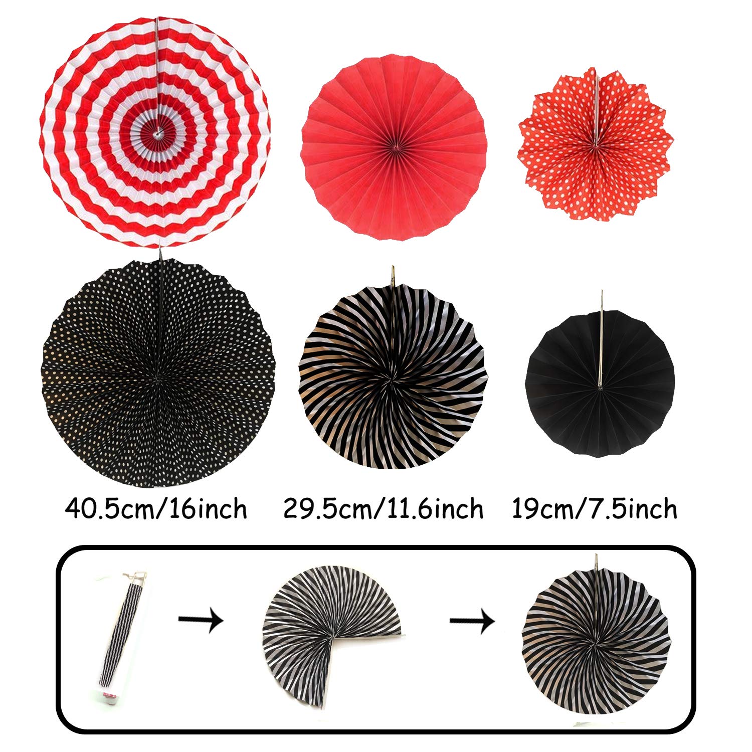 Zerodeco Party Decoration, 21 Pcs Black And Red Hanging Paper Fans Pom Poms Flowers, Garlands String Polka Dot And Triangle Bunt