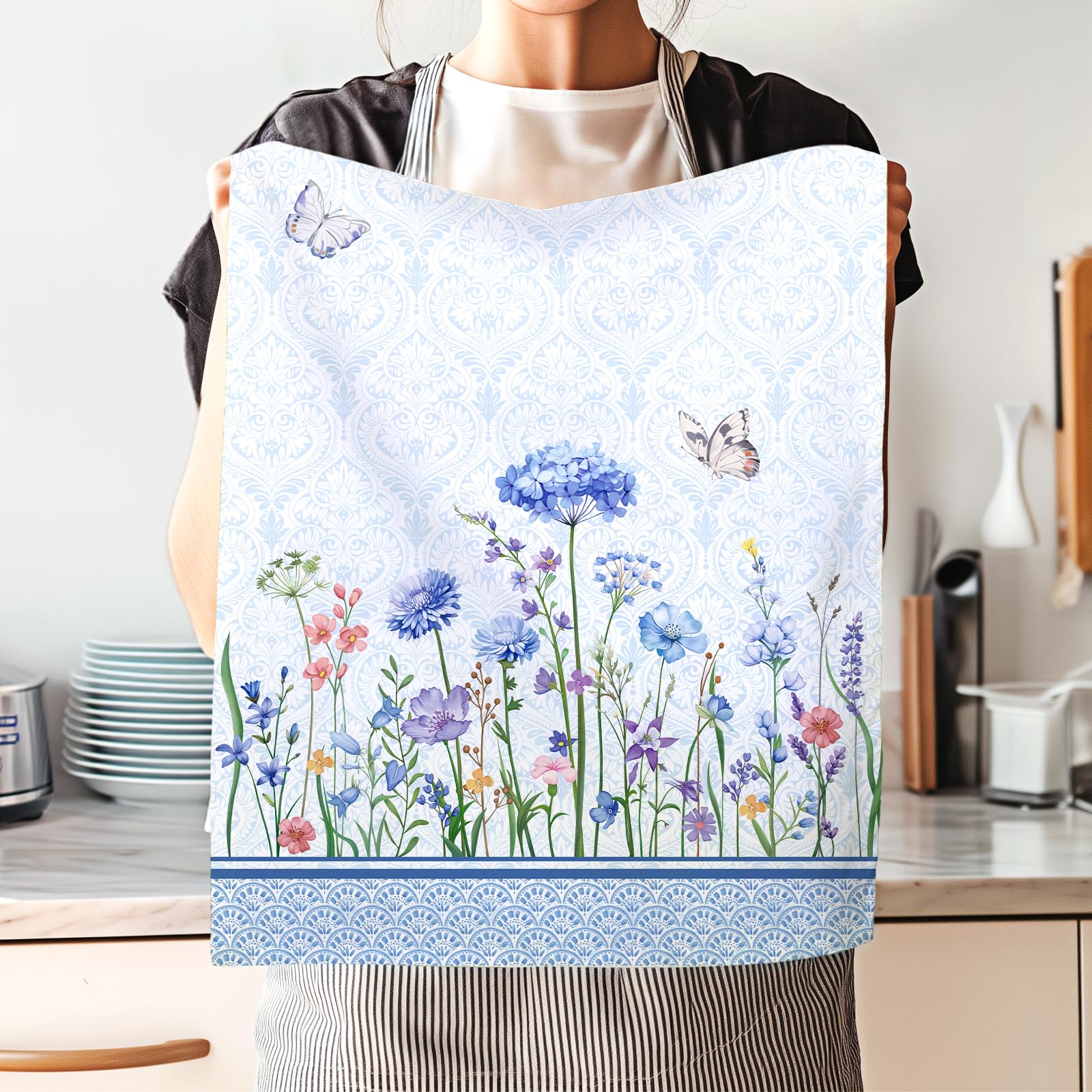 Arquiel Blue Wildflower Tea Towels, Cotton Kitchen Towel 18.9    27.5 Inch, Quick Drying Dish Cloth For Party Anniversary Holida