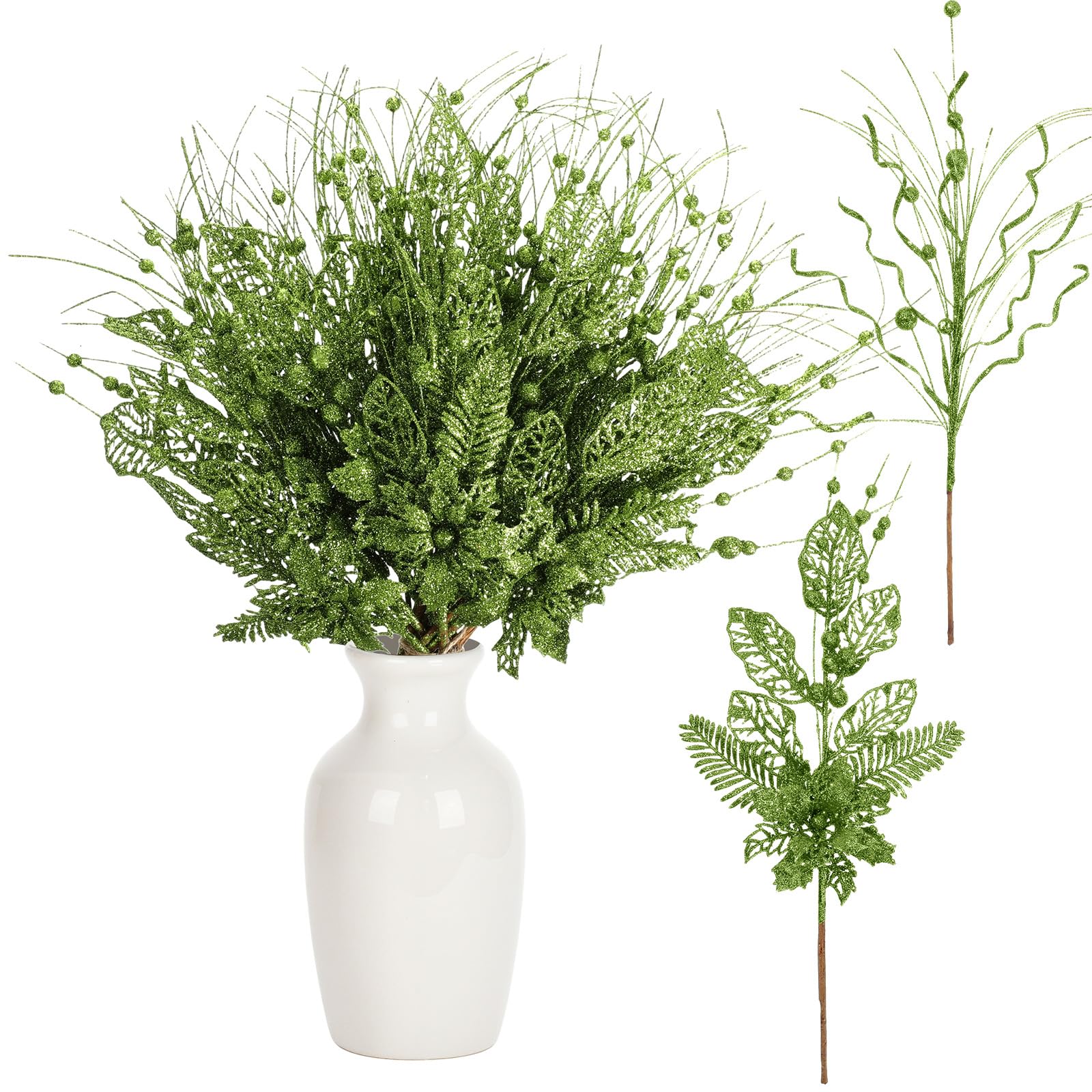 Yunlly 24 Pcs Green Christmas Tree Picks and Sprays Glitter Berry Stem Branches Artificial Christmas Picks Twigs Xmas Tree Ornam