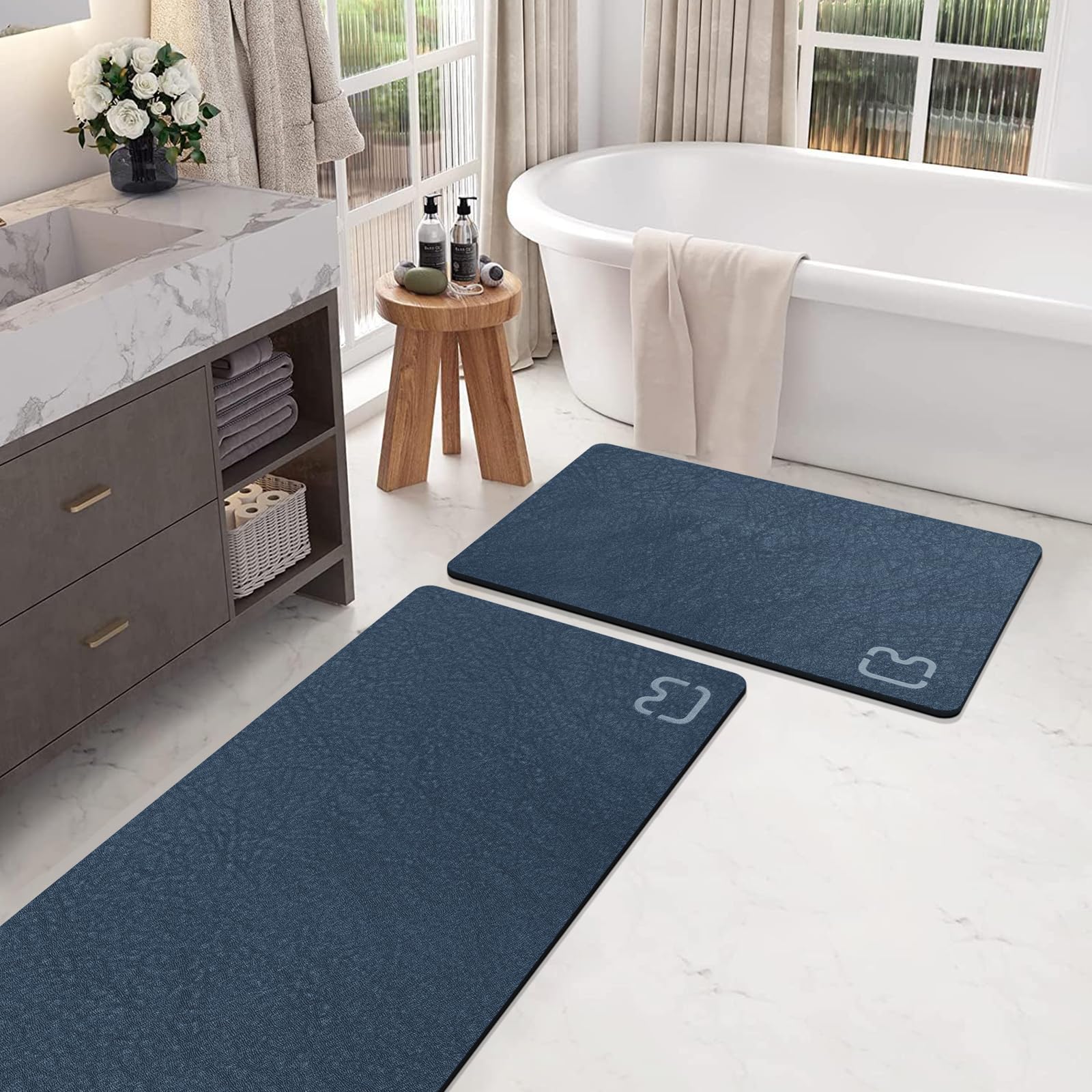 Navy Bathroom Rug Set Bath Mats, 2 Piece Bath Mats For Bathroom Diatomaceous Earth Bath Mat Non Slip Absorbent Quick Dry Thin Ba