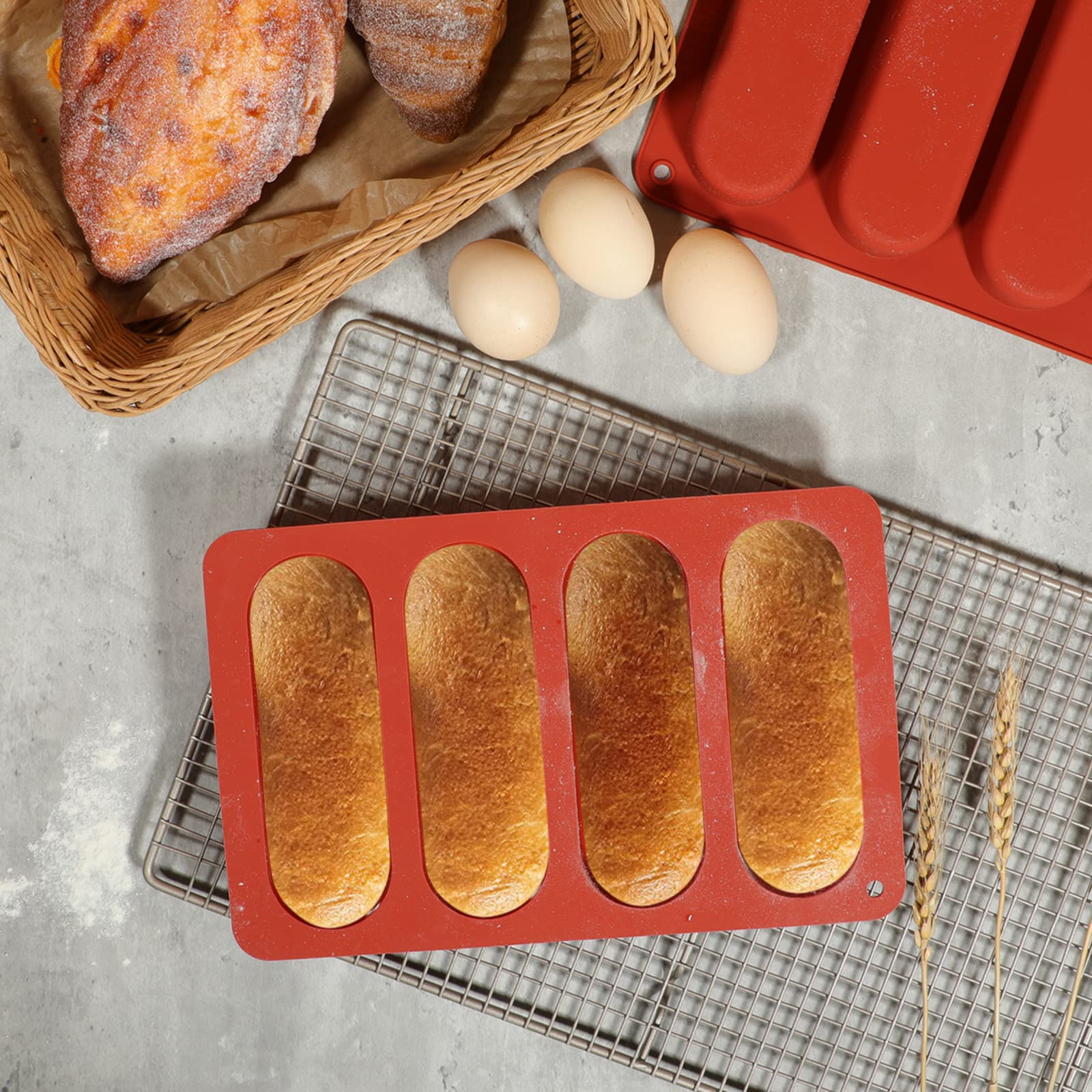 Webake Hot Dog Bun Pan, 2 Pack Silicone Hotdog Bun Molds Nonstick Bread Forms Mini Baguette Sandwich Baking Tray For Hot Dog Bun