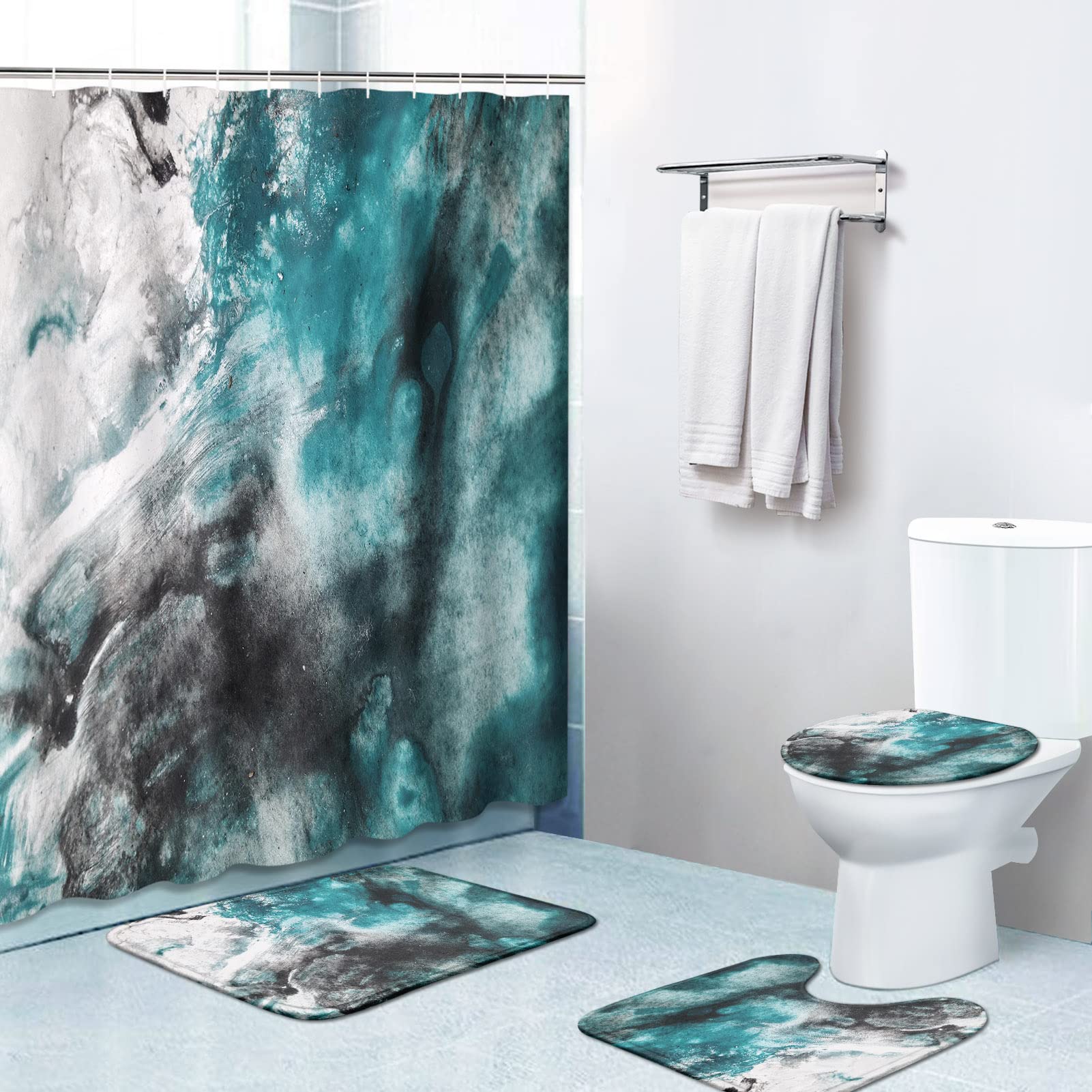 4 Piece Shower Curtain Sets, With 12 Hooks, Watercolor Oil Colorful Vintage Black With Non-Slip Rugs, Toilet Lid Cover And Bath