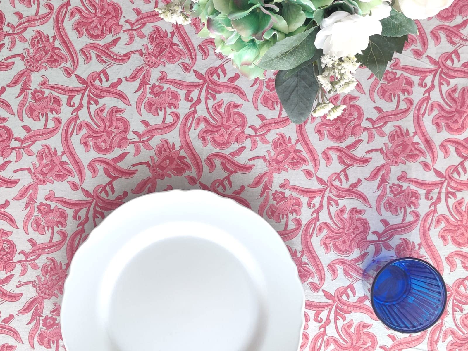 ATOSII Red Bloom 100% Cotton Tablecloth, Handblock Print Rectangle Table Cover for Kitchen Dining I Tabletop Linen I Parties, We