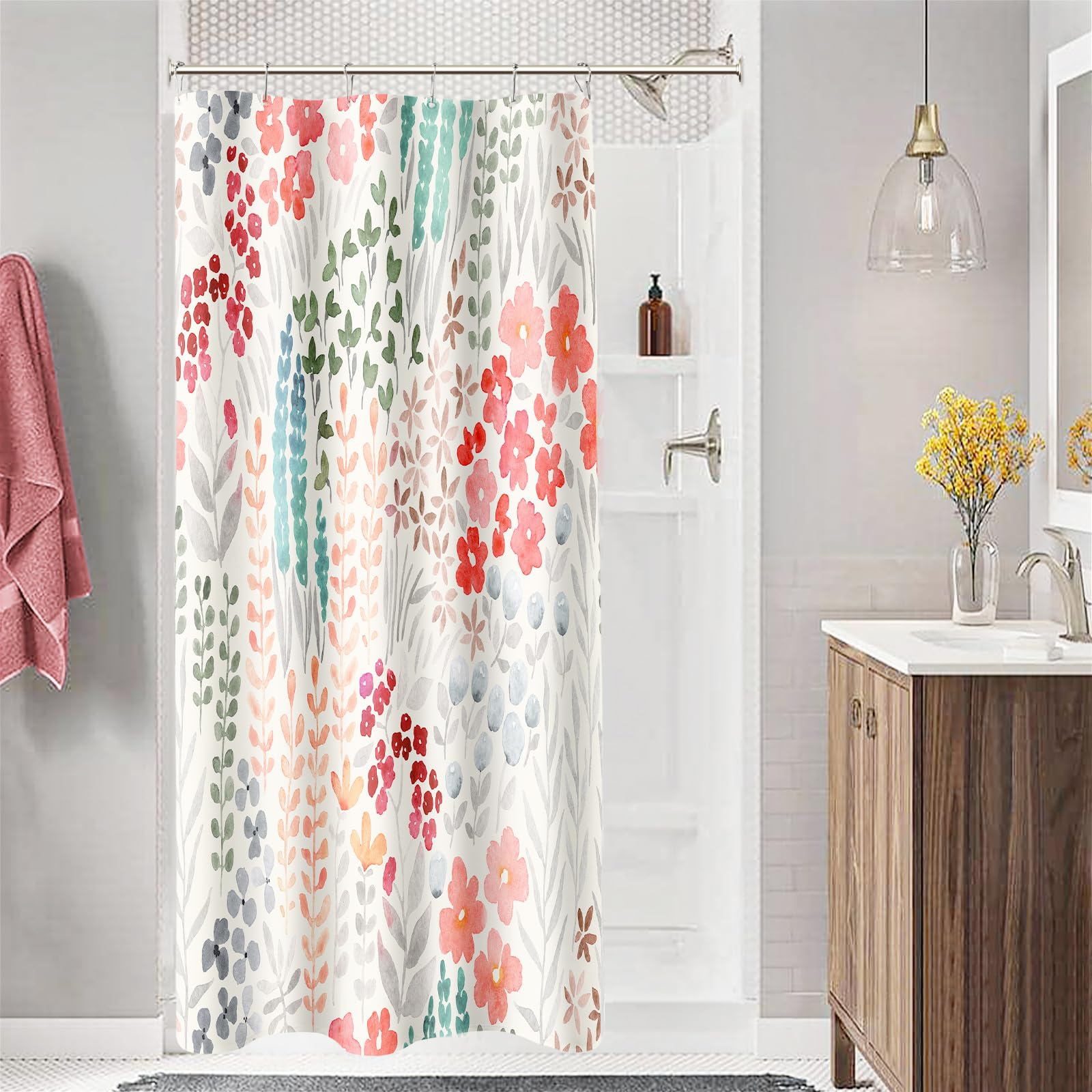 Mayzus Small Stall Shower Curtain 36 X 72 Inch, Half Narrow Cute Floral Shower Curtain For Bathroom, Retro Red Teal Wildflower B