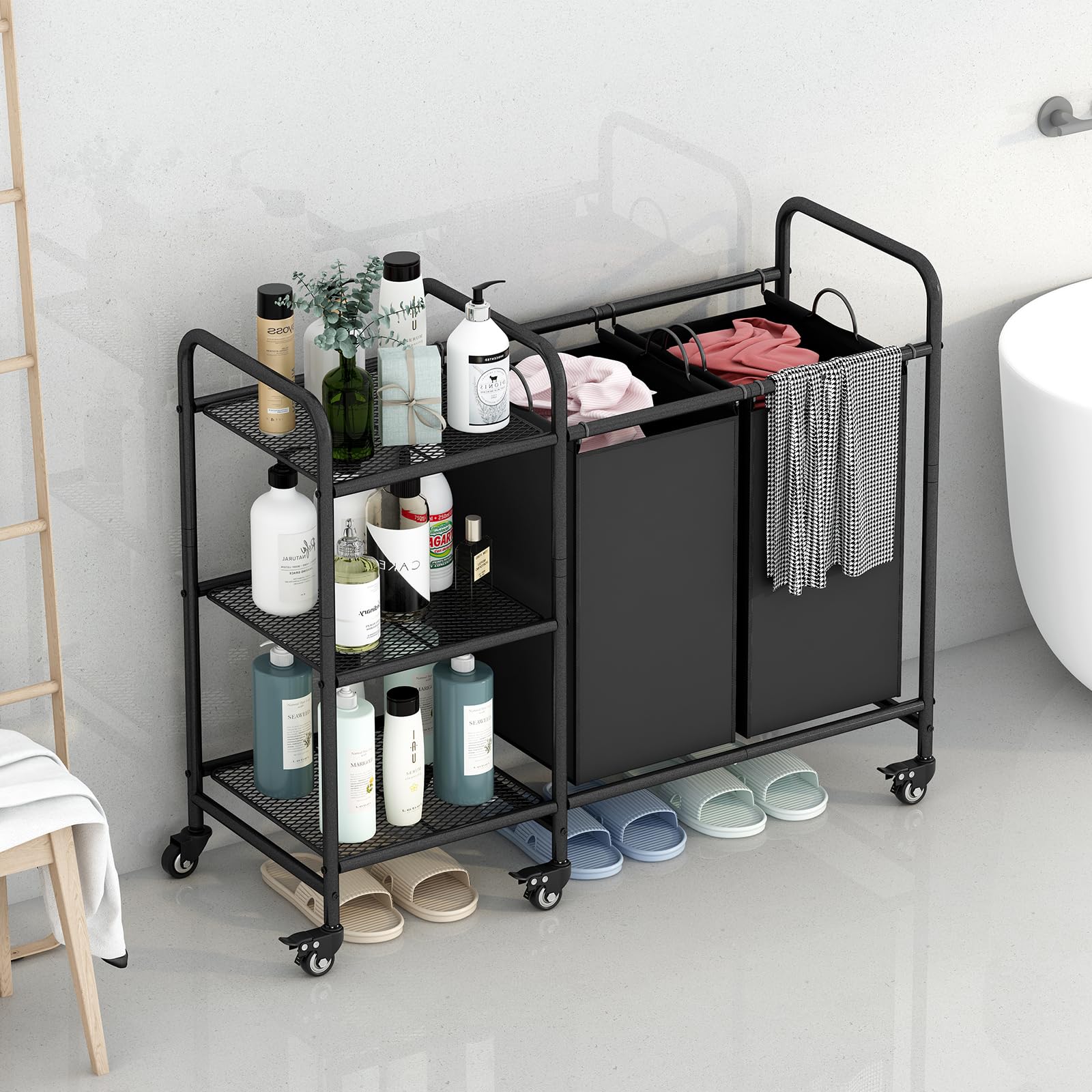 Linzinar 2 Bag Laundry Basket Sorter Cart With Storage Shelf Laundry Hamper With Rolling Wheels For Clothes Storage Laundry Orga