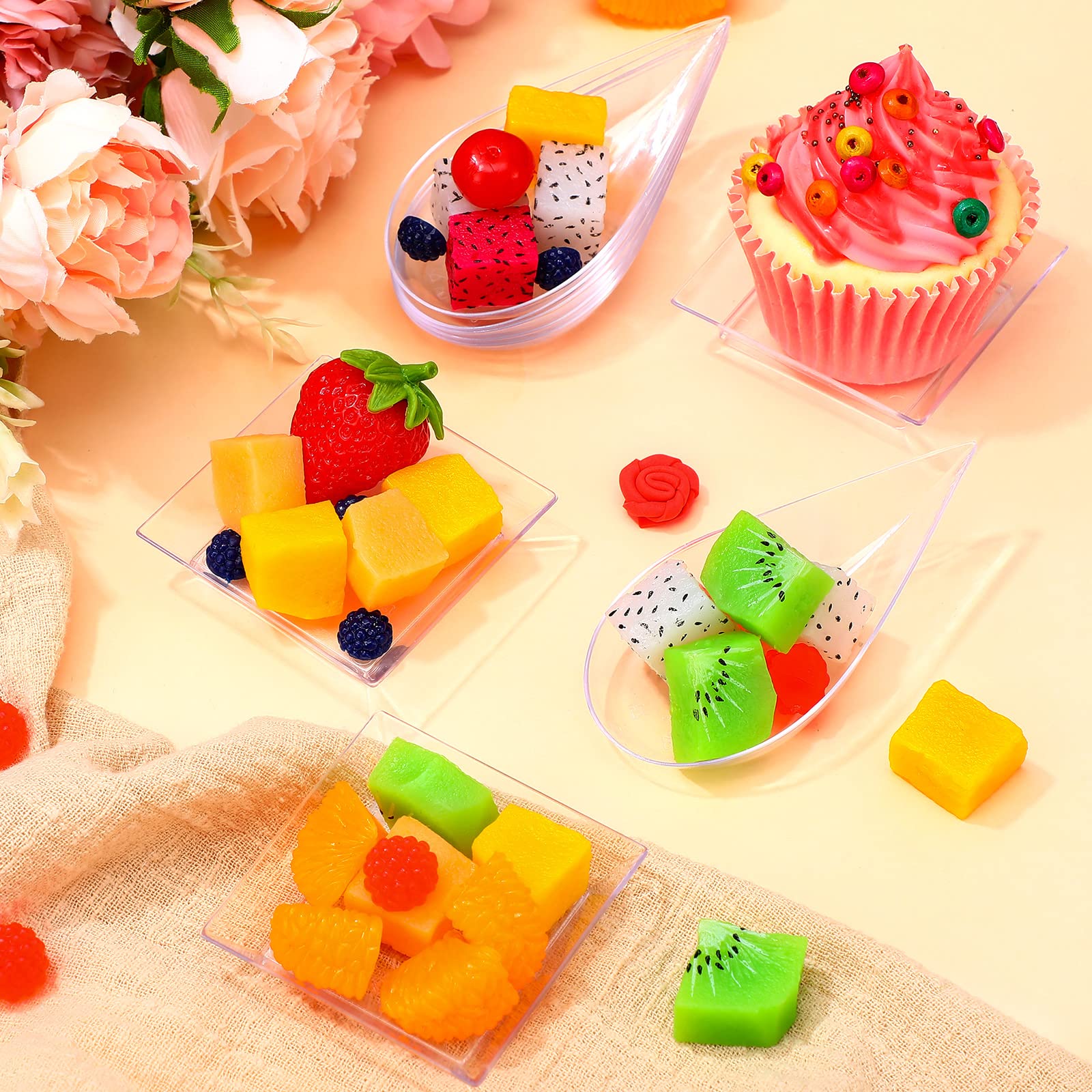 Rozer Mini Appetizer Plates And Tear Drop Spoons For Weddings Party 2.5 X 2.5 Inches 4 X 2 X 0.5 Inches Plastic Mini Dessert Pla