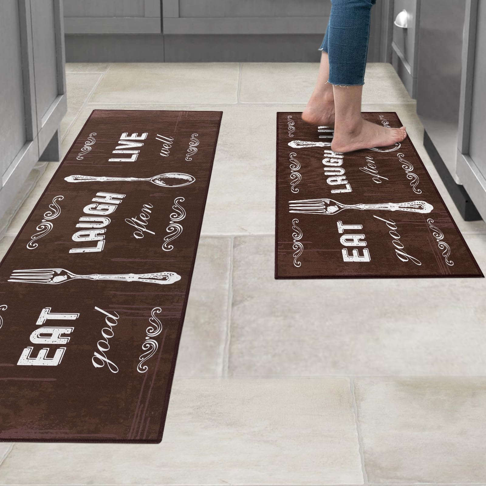 Carvapet 2-Piece Kitchen Rug Set - Non-Slip Backing Doormat & Runner Rug, Durable Mats for Kitchen Floor, Motto Design, Coffee C