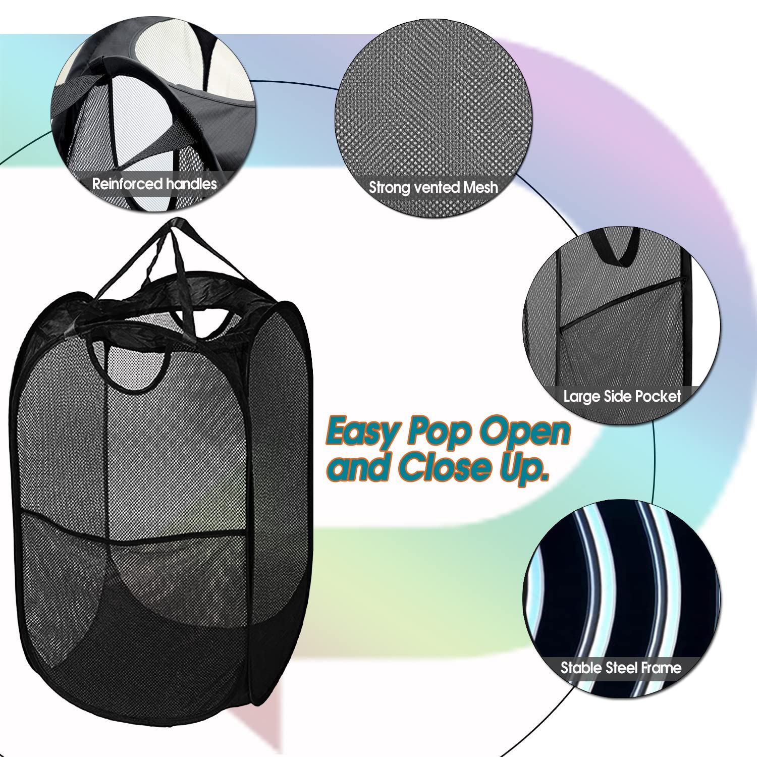 BATTOO Deluxe Collapsible Laundry Baskets Mesh Pop Up Hampers for Laundry with Side Pocket Reinforced Handles for Laundry Room  Bathroom  Kids Room  College Dorm or Travel Black