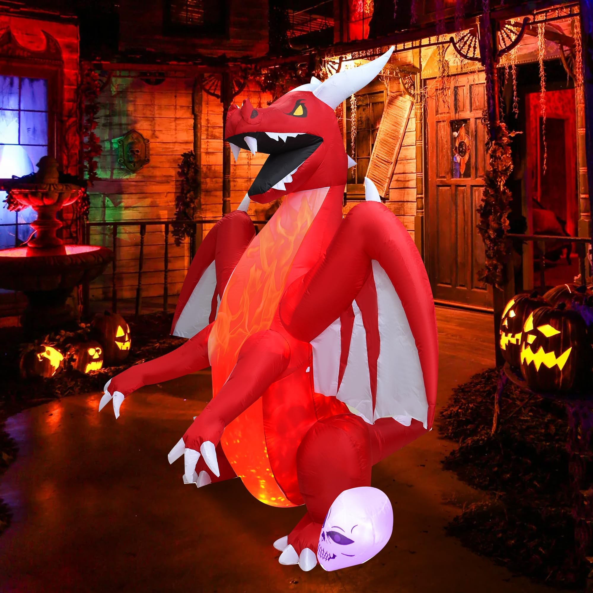 DearSun 8FT H Halloween Inflatable Dragon with Skull Next to The Foot, Blow up Dragon Inflatable with Red Flame lamp Inside Outd