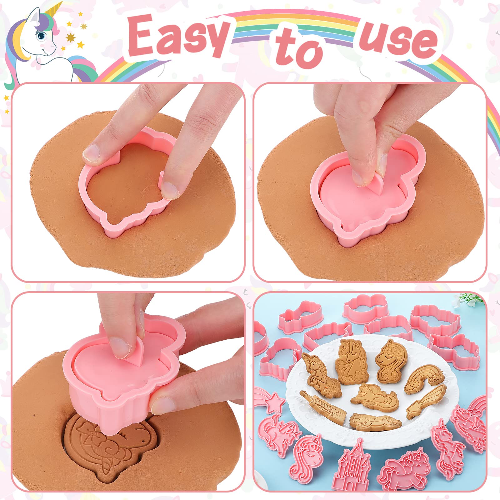 8 Pcs Unicorn Cookie Cutters With Plunger Stamps Set Unicorn Shape Embossing Cookie Stamp Pink Animal Unicorn Cracker Mold 3D Co