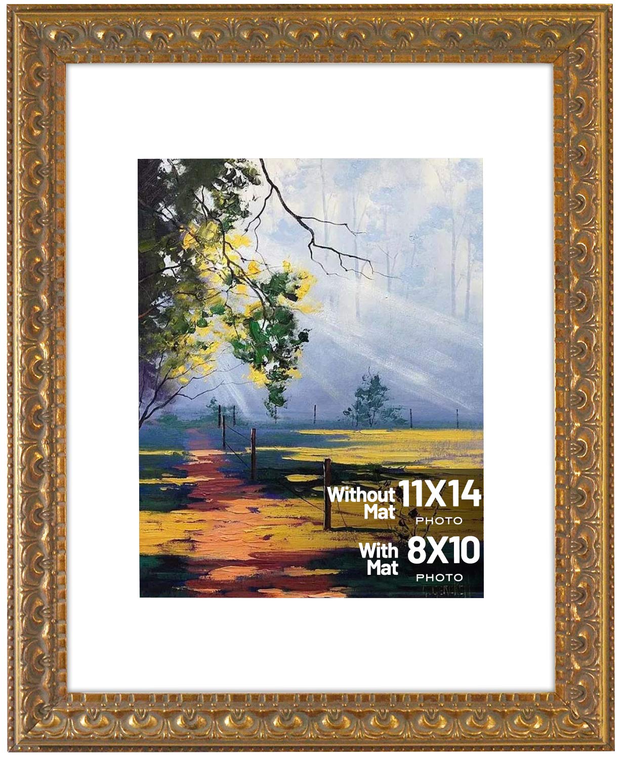 Golden State Art, 11x14 Photo Frame with Mat for Pictures 8x10 and Real Glass (Bronze & Ornate Finish Style with White Color Mat