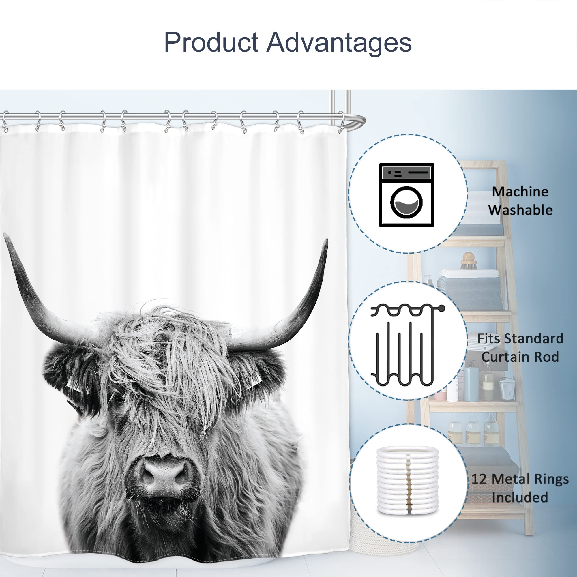 AMBZEK Farmhouse Highland Cow Shower Curtain 60Wx72L Inch Rustic Bull Portrait Western Cattle Country Restroom Accessories Funny Cute Farm Animal Grey White Fabric Bathroom Decor Set with 12 Hooks