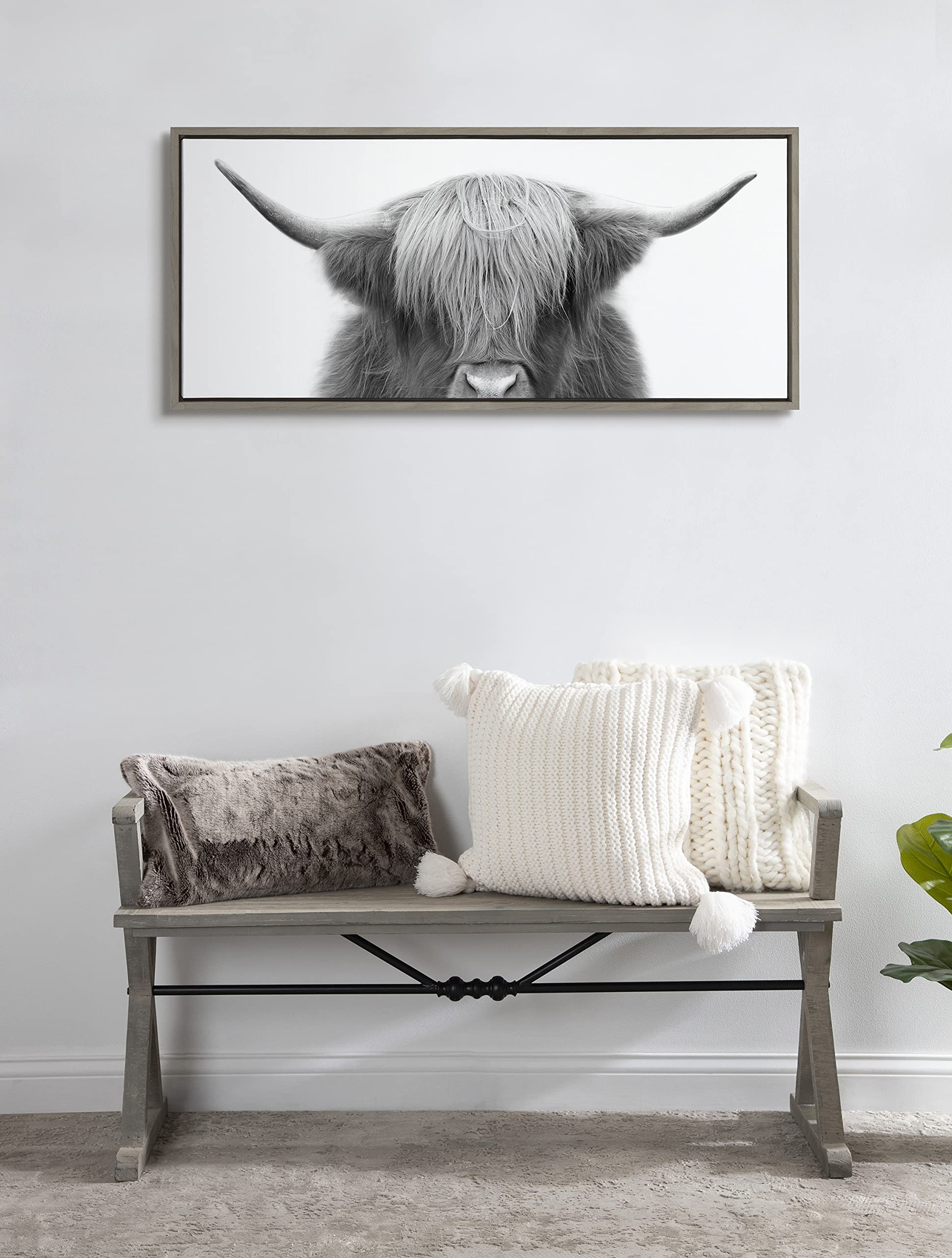 Kate And Laurel Sylvie Hey Dude Highland Cow Framed Canvas Wall Art By The Creative Bunch Studio, 18X40 Gray, Rustic Cow Art For