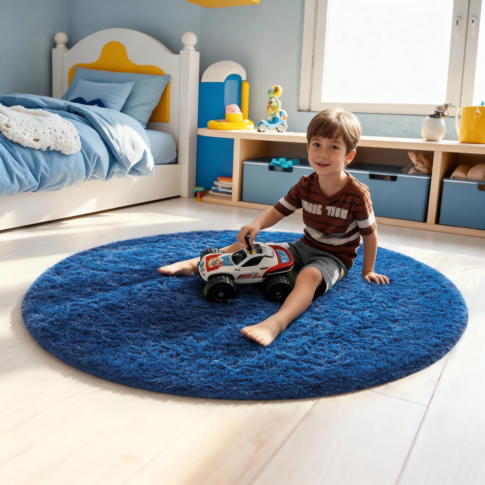 Ophanie Round Rug 4Ft Blue Circle Area Rug, Boys Room Decor, Fluffy Fuzzy Bedroom Carpet, Plush Soft Shaggy Living Room Rugs for
