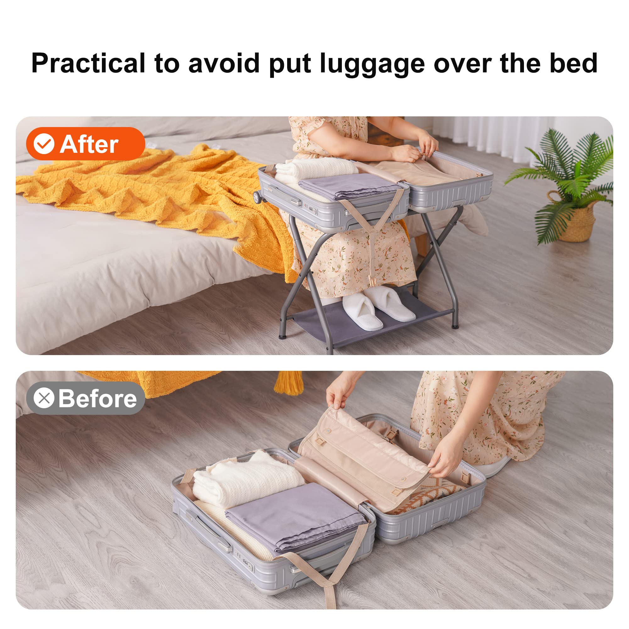 Heybly Luggage Rack Pack of 2 Steel Folding Suitcase Stand with Storage Shelf for Guest Room Bedroom Hotel Gray HLR002G2