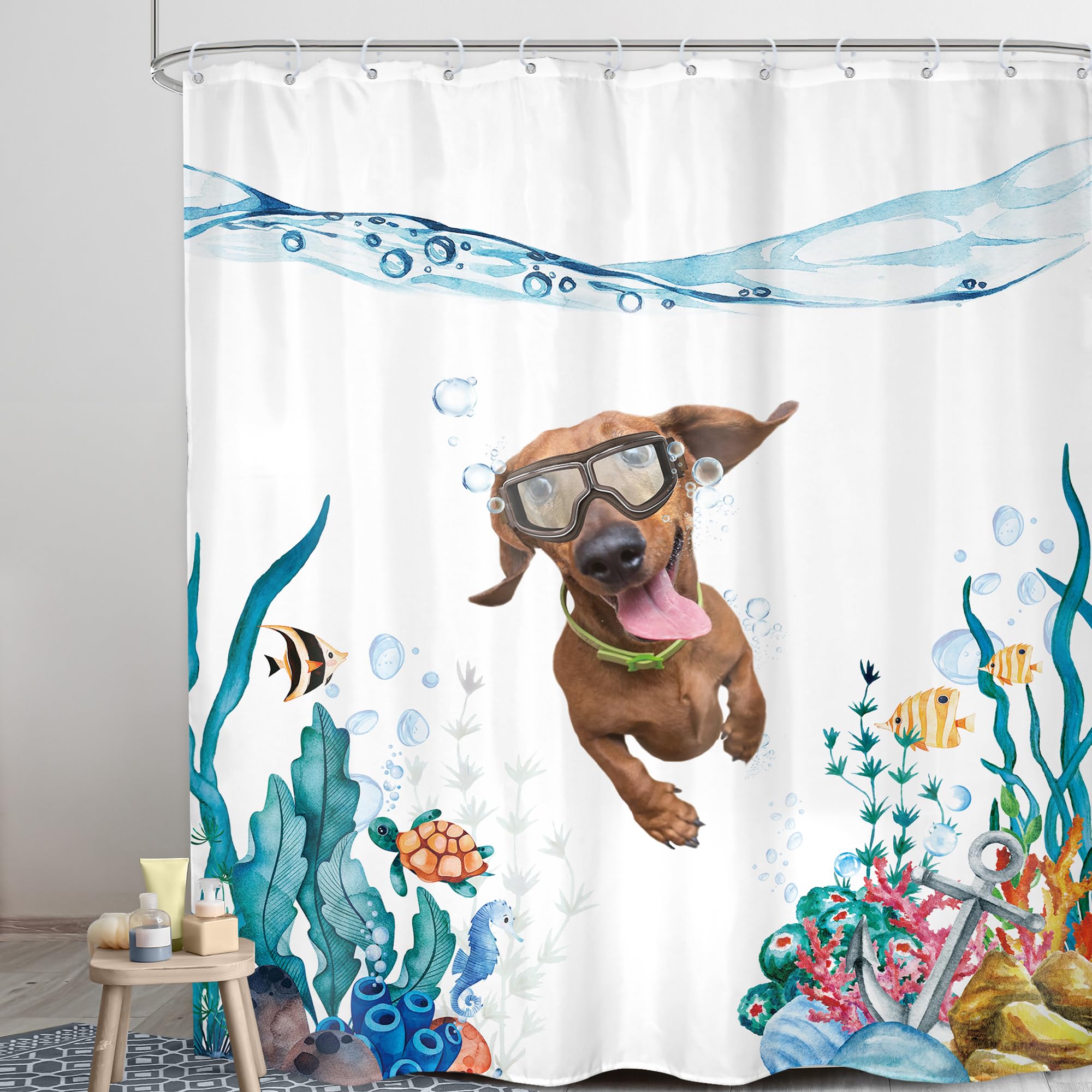Lghtyro Funny Dog Kids Dachshund Shower Curtain Bathroom Set 71Wx84H Inches Extra Long Teal Blue Sea Ocean Nautical Cute Underwa