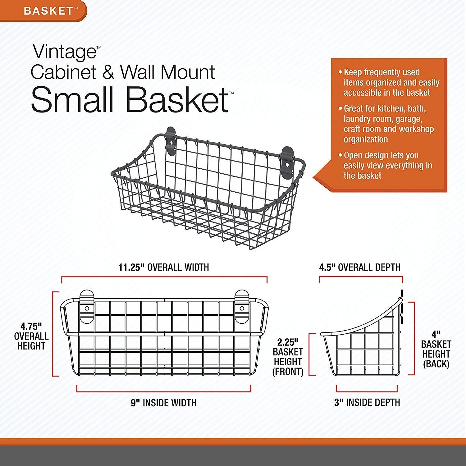 Spectrum Small Wire Wall Basket Industrial Gray Rustic Wall Bin, Vintage Wire Basket Wall Mount Organizer Wall Mount Hanging Wir