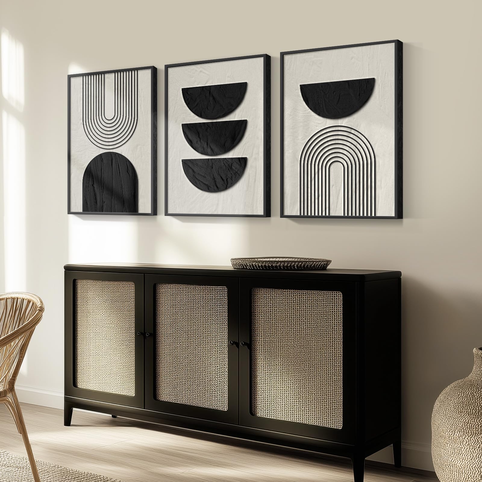 Framed Boho Wall Art For Living Room, Large 3 Piece Neutral Geometric Black And Beige Abstract Pictures Wall Art Decor, Farmhous