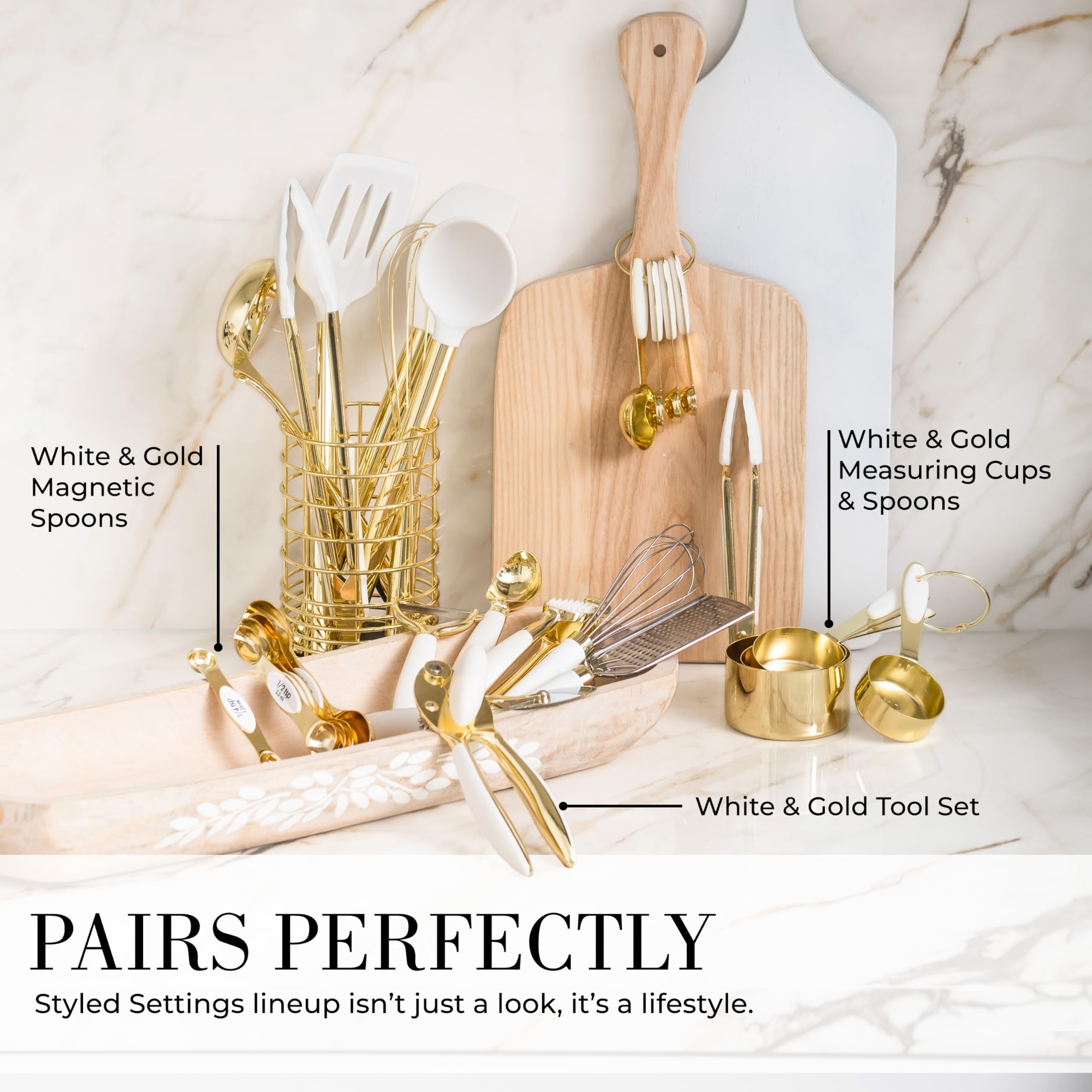 White Silicone And Gold Cooking Utensils Set With Gold Utensil Holder - 7-Piece Silicone Cooking Tools - Ideal For Nonstick Cook
