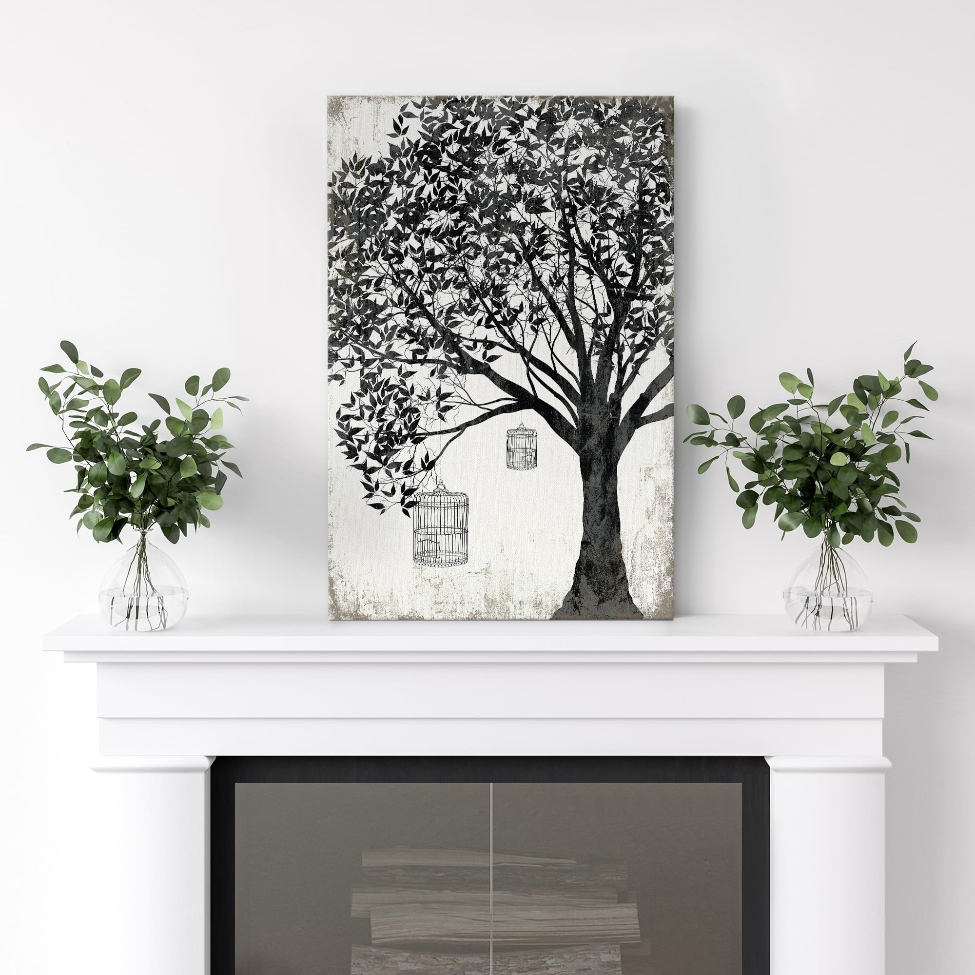 Wall26 Canvas Print Wall Art Black & White Tree With Hanging Birdcages Floral Nature Illustrations Modern Art Rustic Dramatic Fo