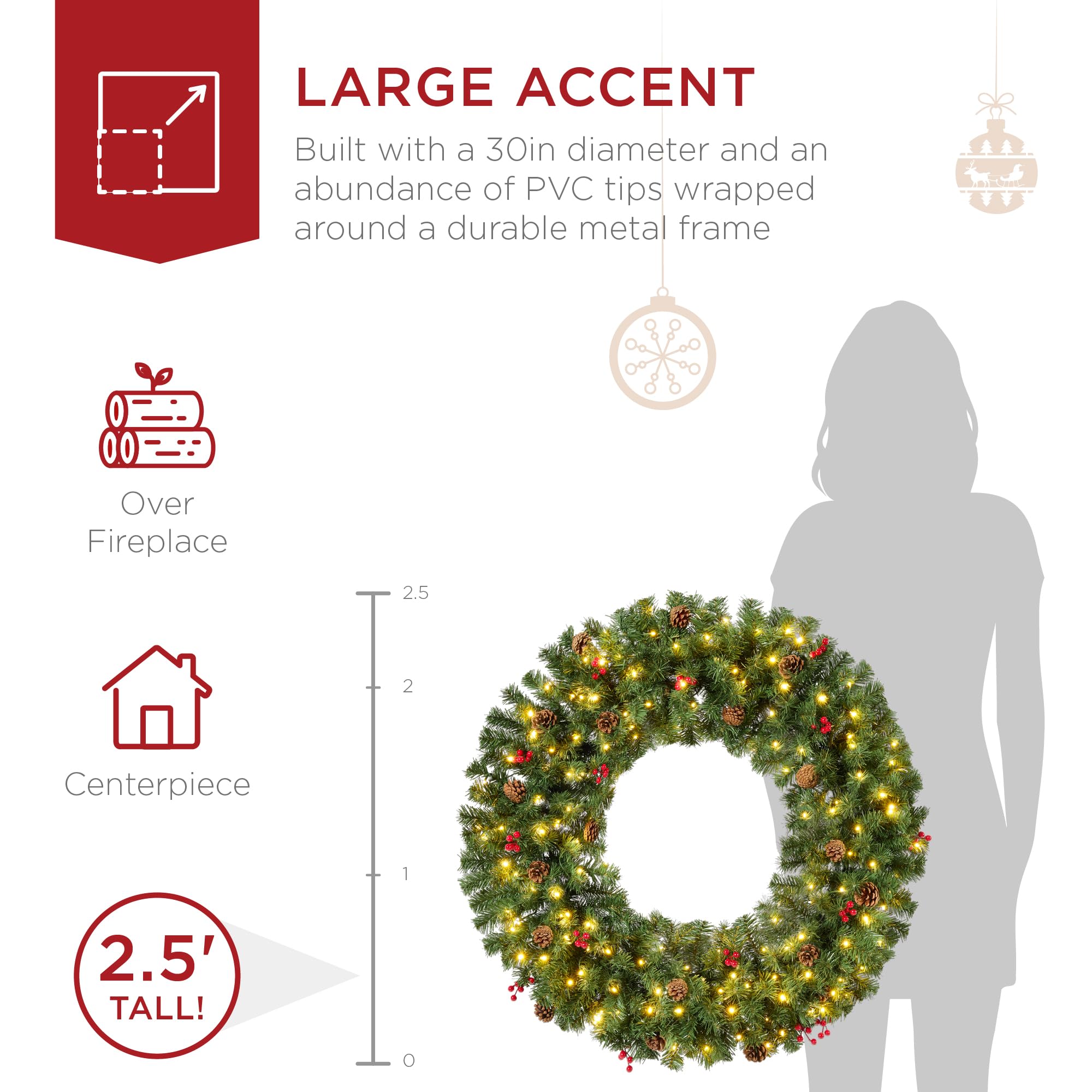 Best Choice Products 30in Pre-Lit Christmas Wreath w/Berries & Pinecones, Large Artificial Indoor/Outdoor Decor for Door, Mantel