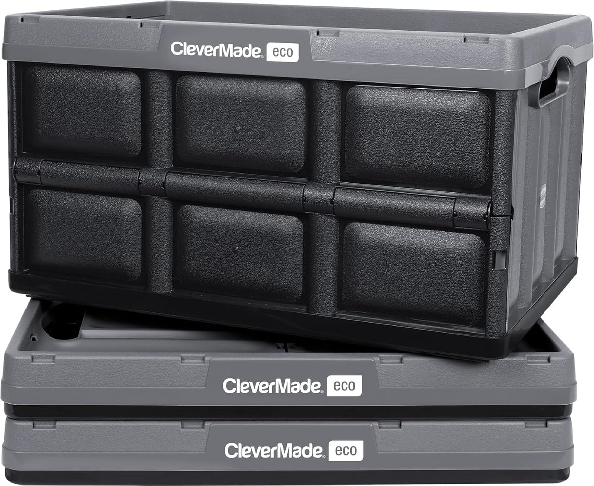 Clevermade Collapsible Storage Bin, Stone, 3Pk - 62L (16 Gal) Stackable Storage Containers, Holds 100Lbs Per Bin - Plastic Stora