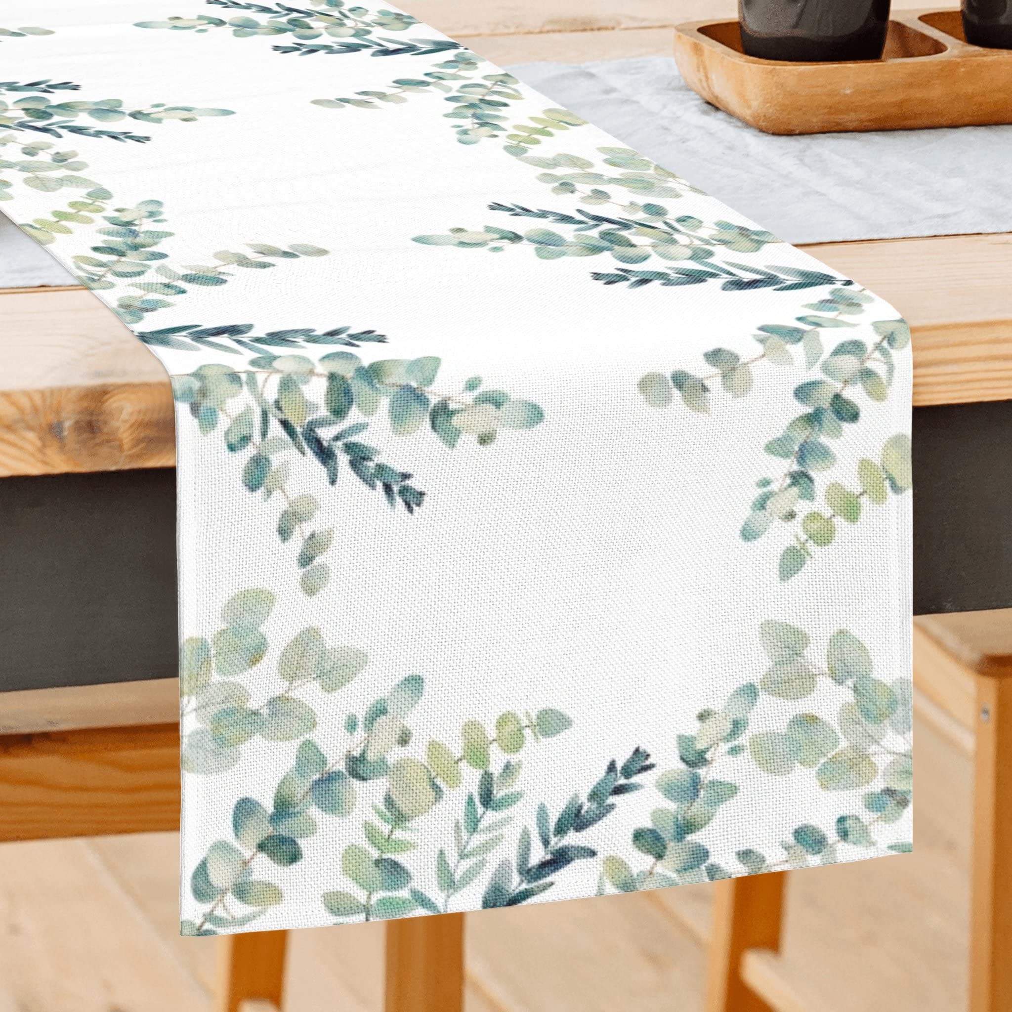 Fjpt Eucalyptus Linen Table Runner 72 Inches Long,Summer Spring Table Runner Kitchen Decor For Home Party And Dining Room Dresse