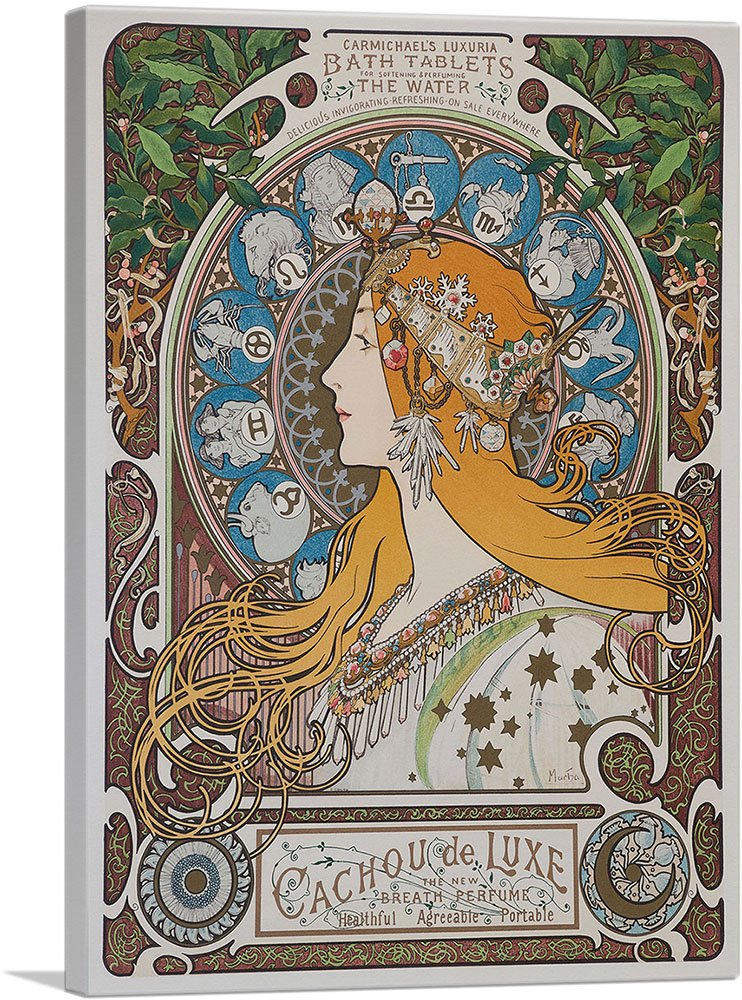 Artcanvas La Plume Zodiac 1896 Canvas Art Print Stretched Framed Painting Picture Poster Giclee Wall Decor By Alphonse Mucha - 1