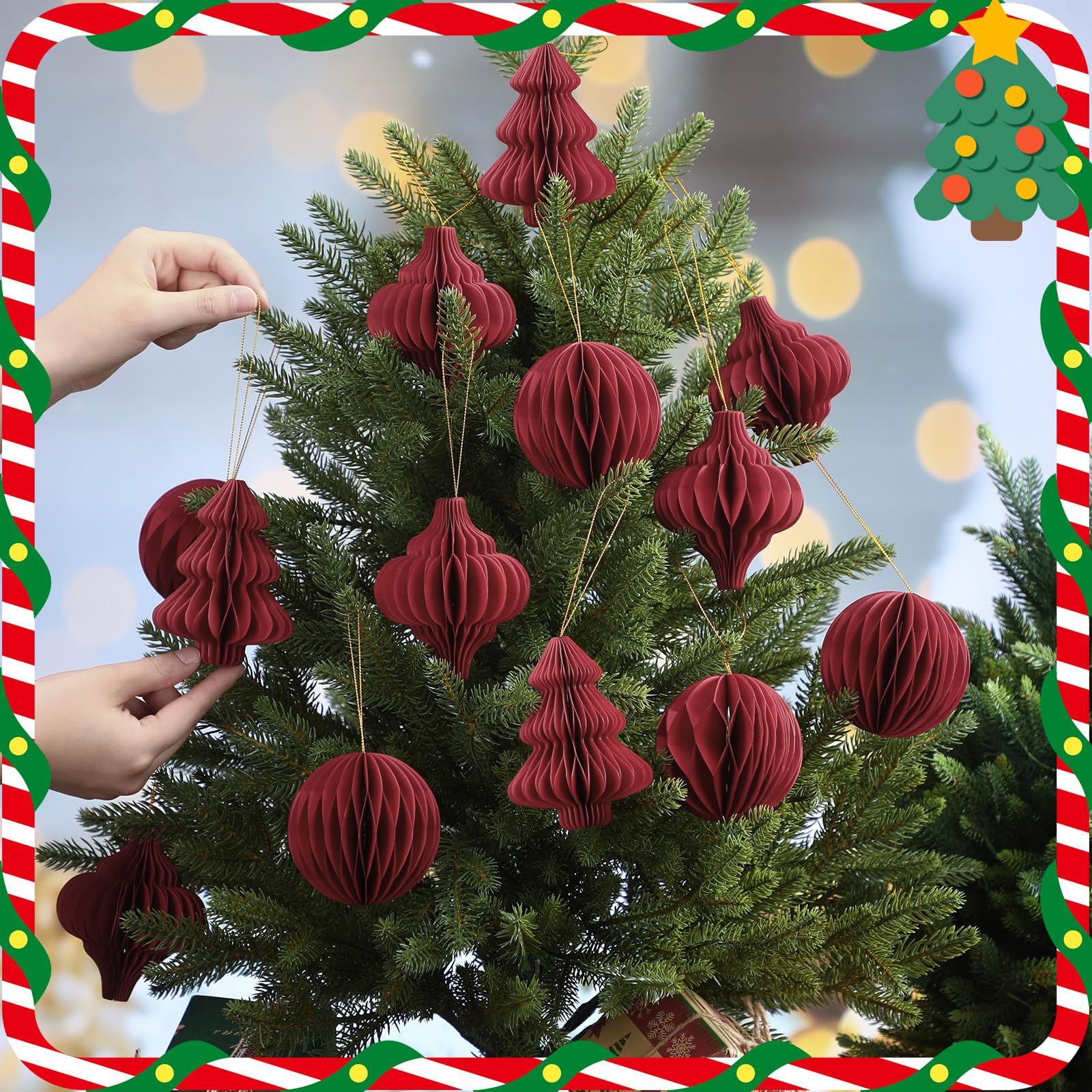 15 Pcs Burgundy Christmas Tree Decorations 3D Mini Paper Honeycomb Lantern Hanging Ornaments for Christmas Tree Xmas Party New Y