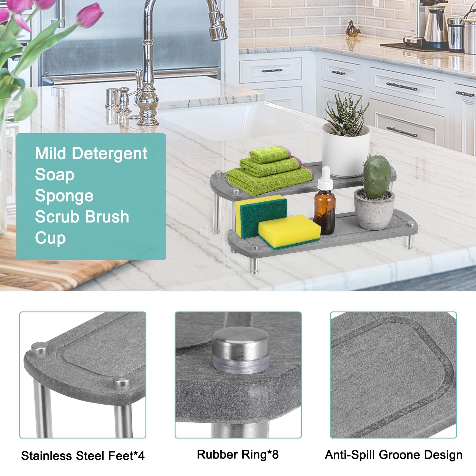 Uxcell Fast Drying Stone Sink Tray, 2-Tier Instant Dry Sink Organizer, Water Absorbing Stone Tray For Sink Countertop, Quick Dry