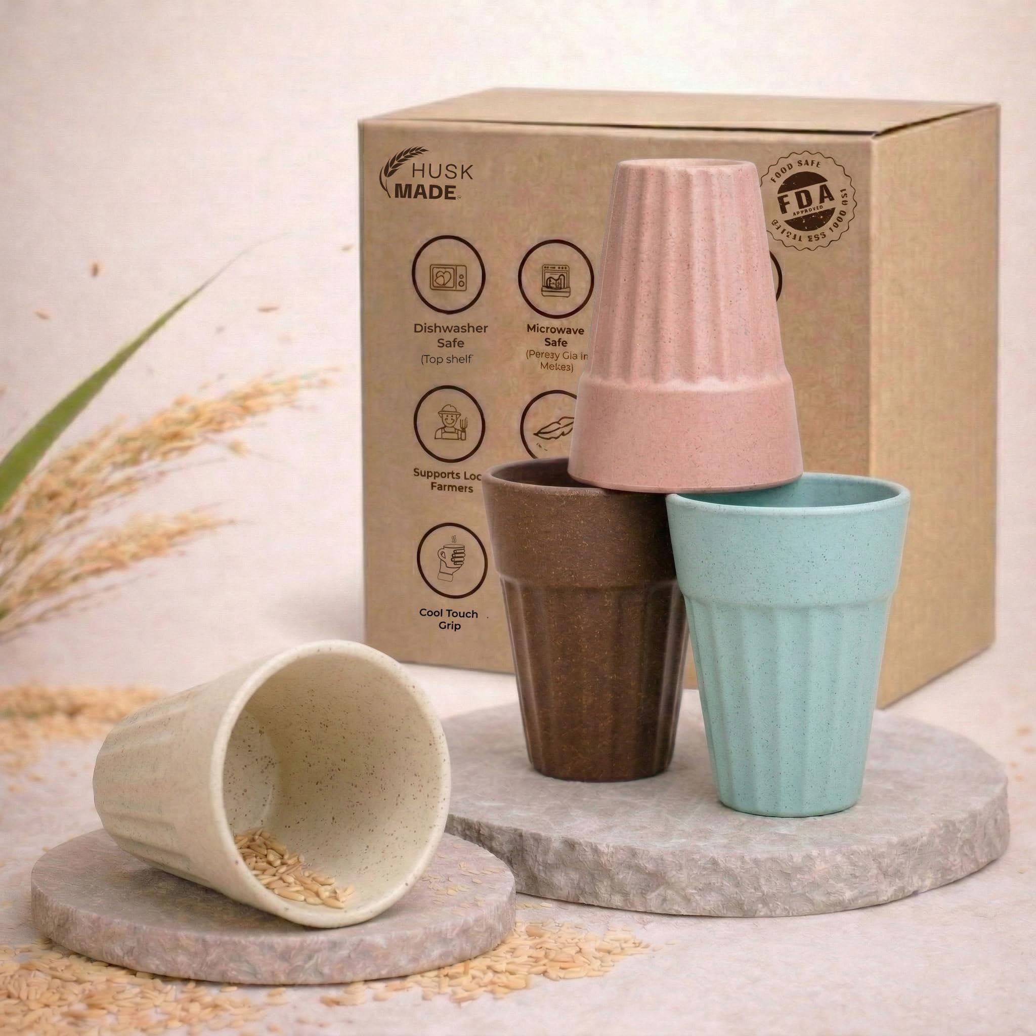 Huskmade EcoFriendly Tea Cup Set Of 4 | Kulhad Style Coffee & Tea Mugs | 140 Ml Unbreakable, StainFree, Heat Resistant, Reusab