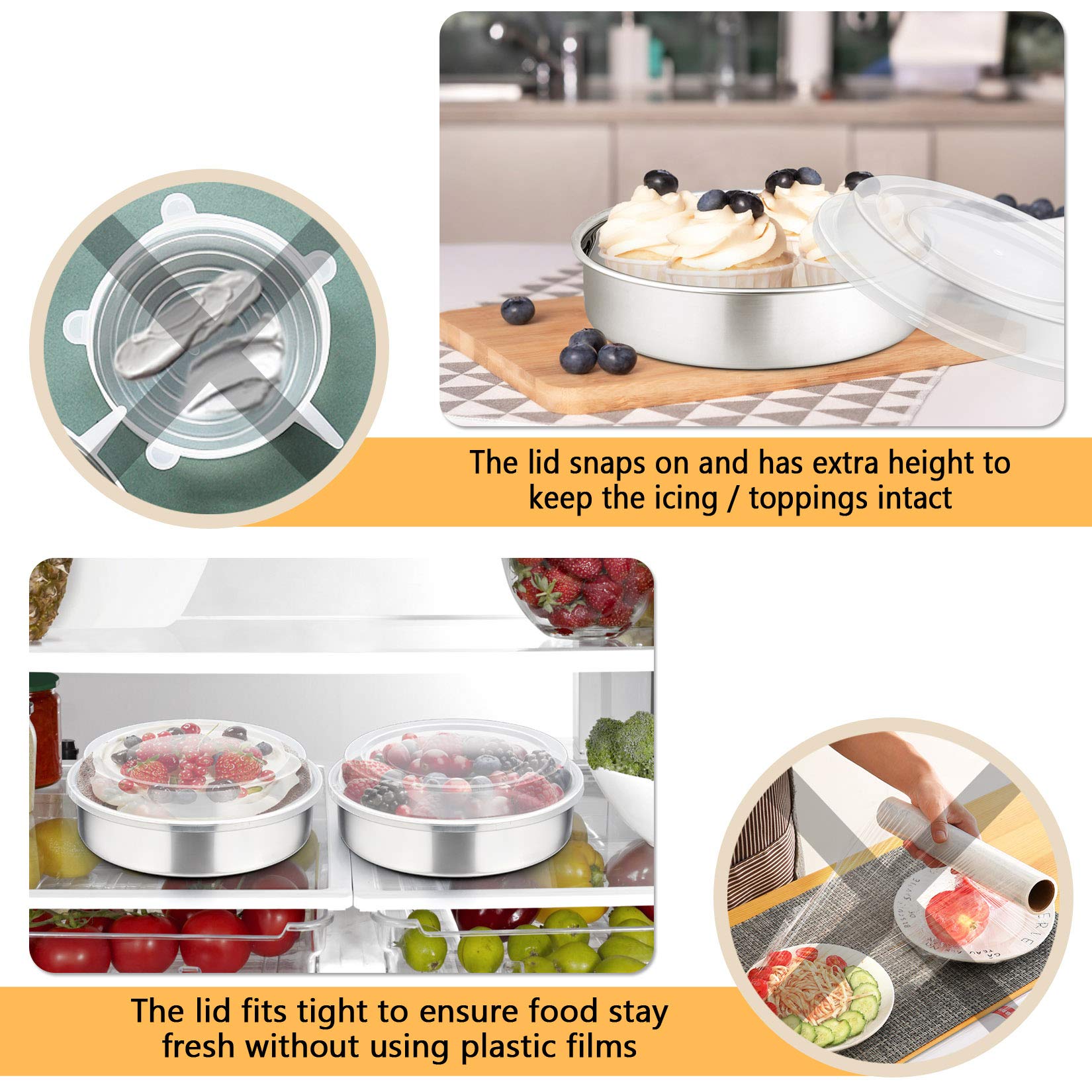 P&P Chef 8-Inch Cake Pan With Lid Set (3 Pans + 3 Lids), Stainless Steel Round Baking Pan For Picnic Wedding Birthday, Leakproof