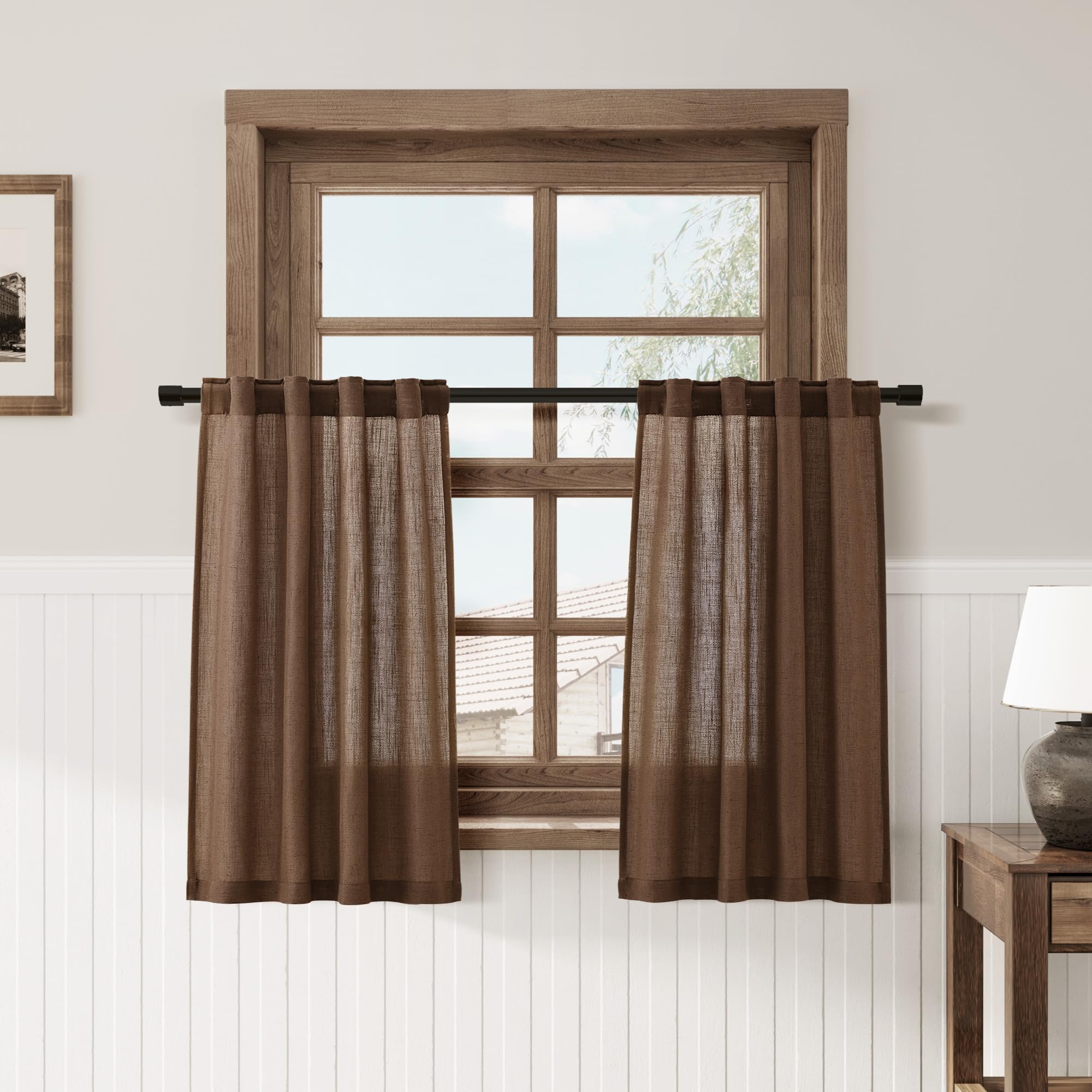 Caramel Brown Linen Kitchen Curtains 36 Inch Length 2 Pack Light Filtering Semi Industrial Style Transparent Linen Blend Short D
