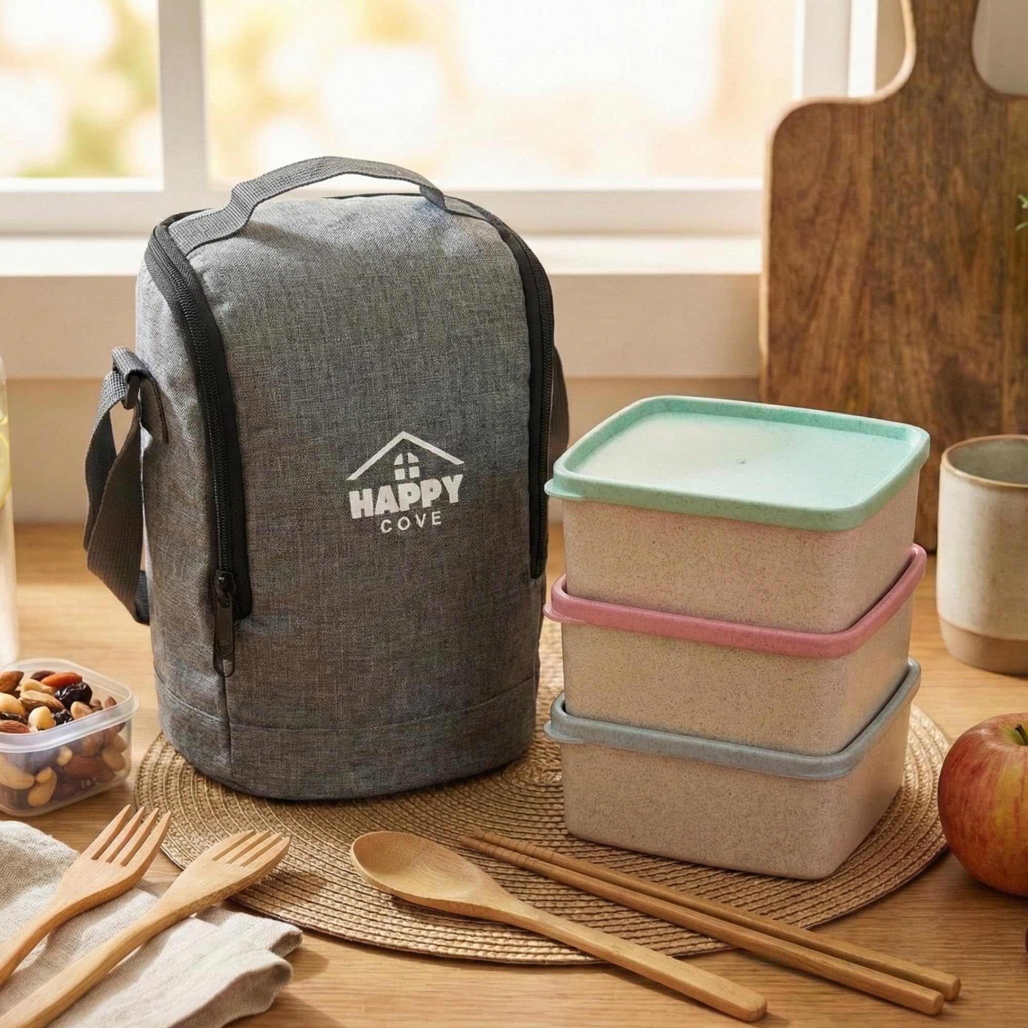 Happy Cove Eco Friendly Lunch Box For Office Use, Wheat Straw And Rice Husk 3 Microwave Safe Multicolour Containers, Tiffin Box 