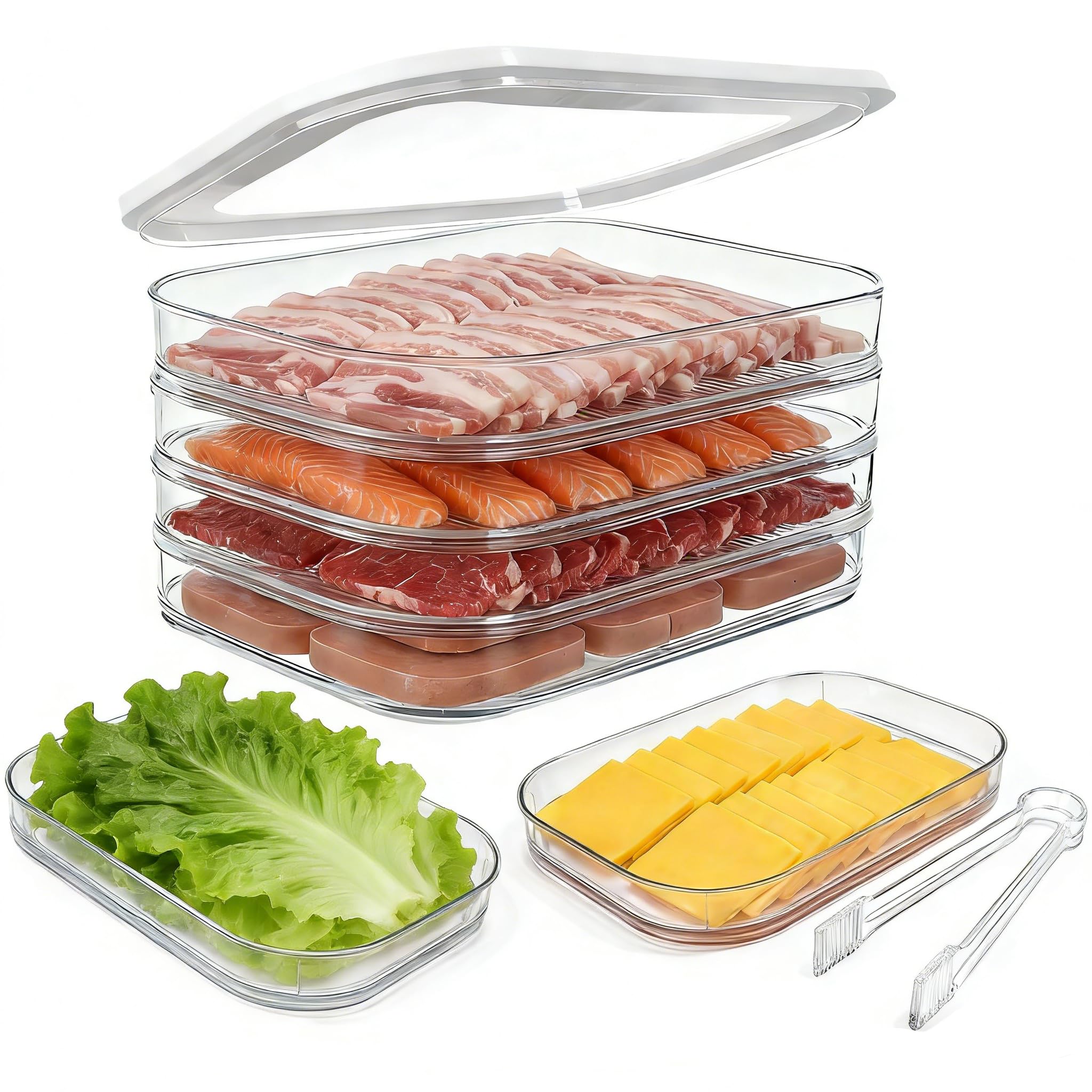 Hokoad Deli Meat Container for Fridge with Lid, 4Layer Stackable Bacon Container for Refrigerator with Clip, Clear Cold Cuts St